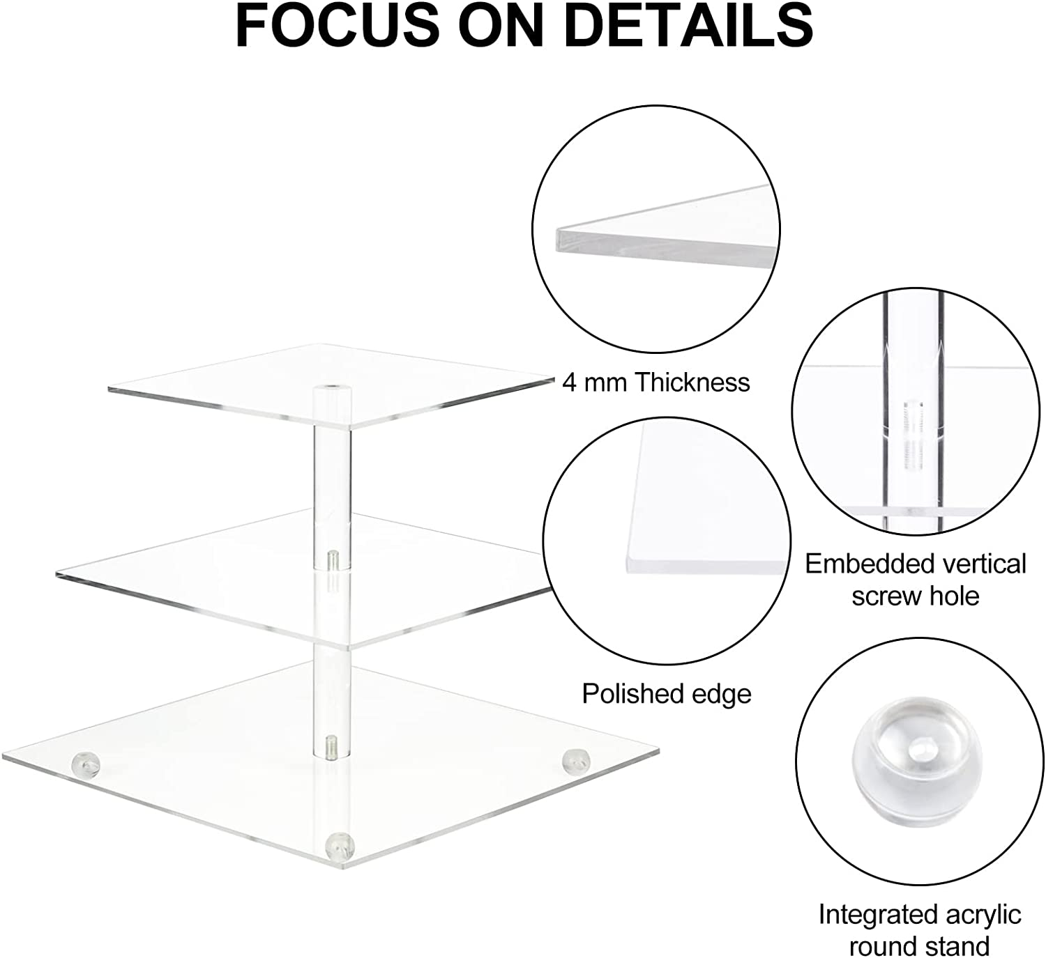 AMEITECH Cupcake Stand with Base, 3-Tier Square Acrylic Cupcake Display Stand Dessert Tower Pastry Stand Premium Cupcake Holder for Wedding Birthday Theme Party- Transparent image number 3