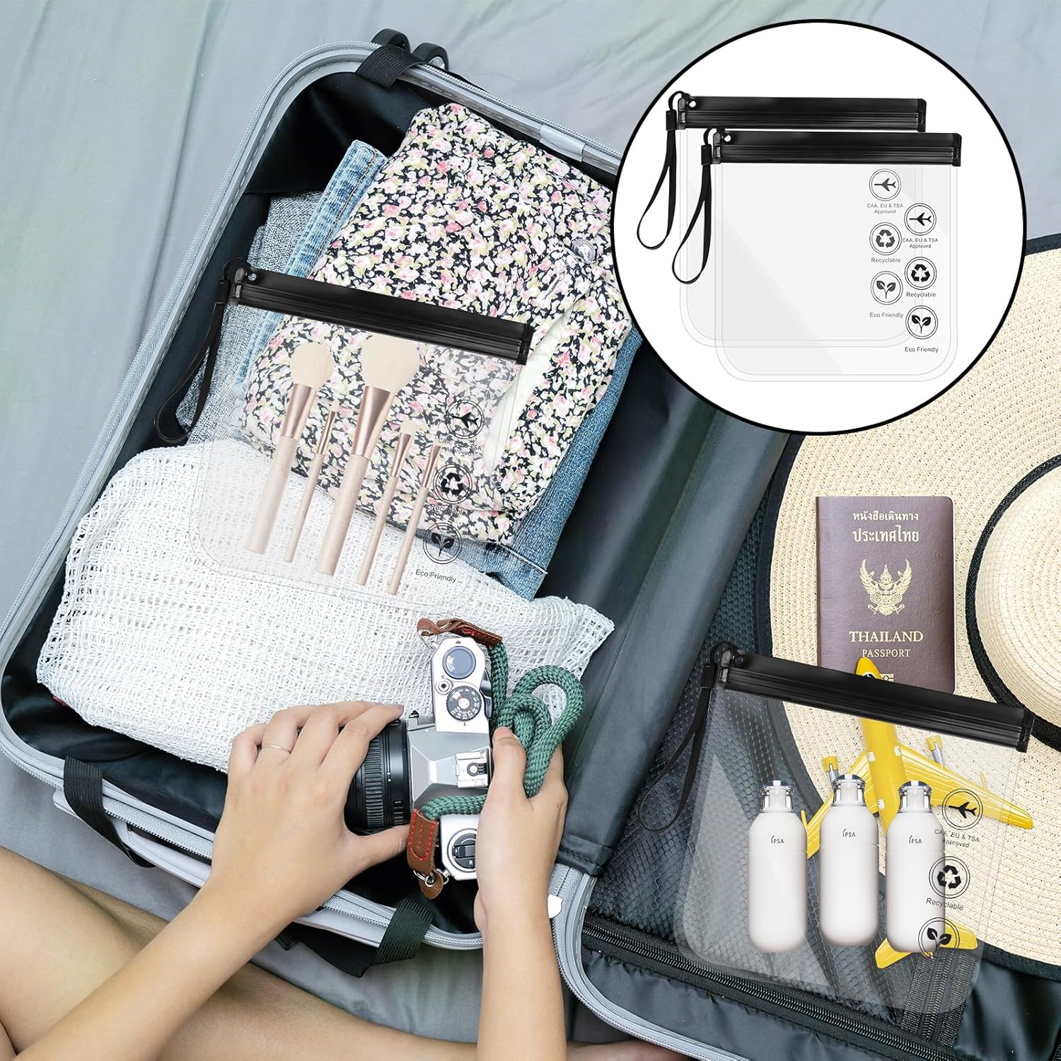 Coastalpure Clear Travel Toiletry Bag, (20X20Cm) Leakproof Liquid Bags for Airports, Waterproof Cosmetic & Makeup Organizer Pouch, 2 Pack Black for Carry-On Luggage image number 4