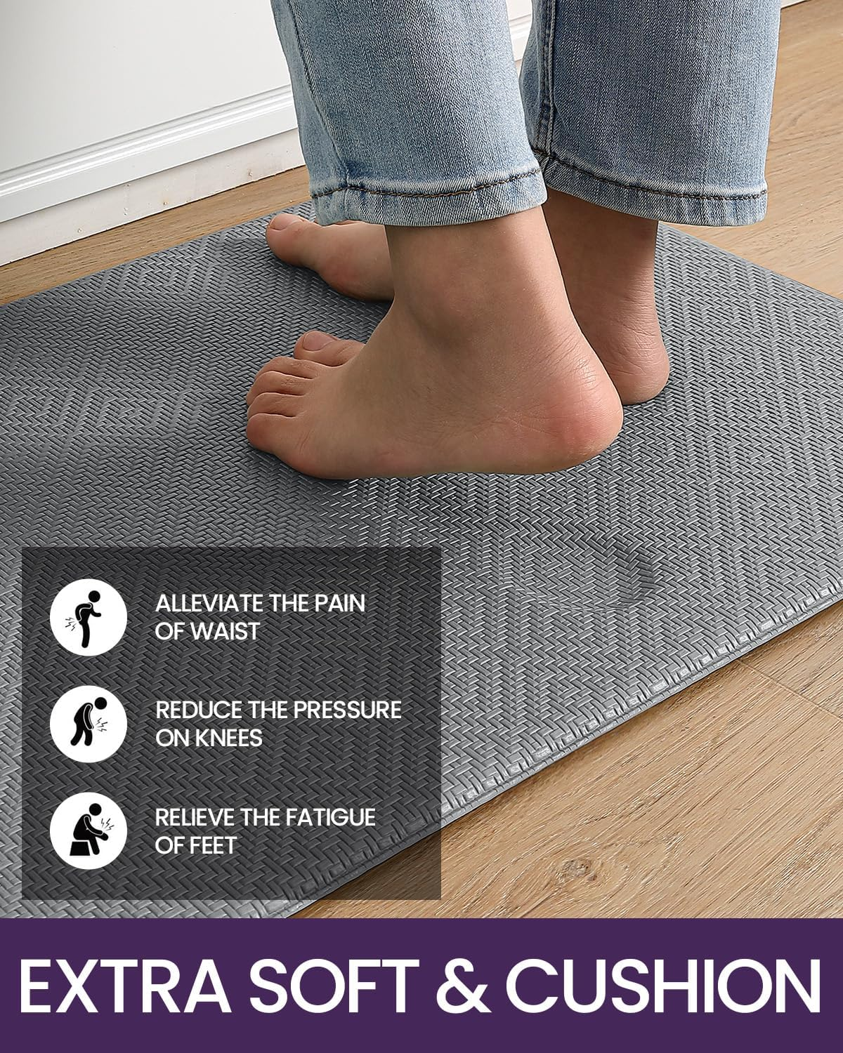 DEXI Kitchen Mats for Floor, Cushioned anti Fatigue, 2 PCS Rug Set, Non Slip Waterproof Comfort Standing Mat, 17"X29"+17"X59", Grey image number 5