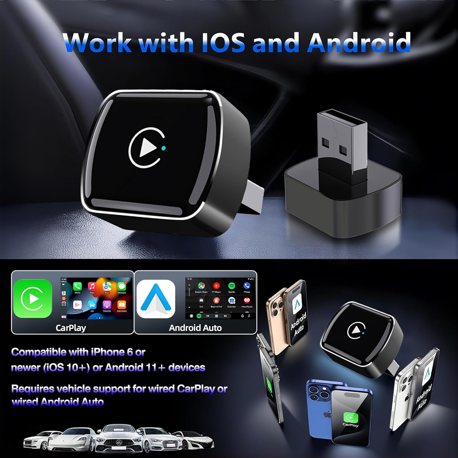 SHAMJIBAG Wireless Carplay Adapter, 2025 Upgrade Mini USB Design, Carplay Wireless Adapter & Android Auto Wireless Adapter, Compatible with Iphone 12+ (Ios 10+), Dual-Band, Fast Stable Connection image number 2