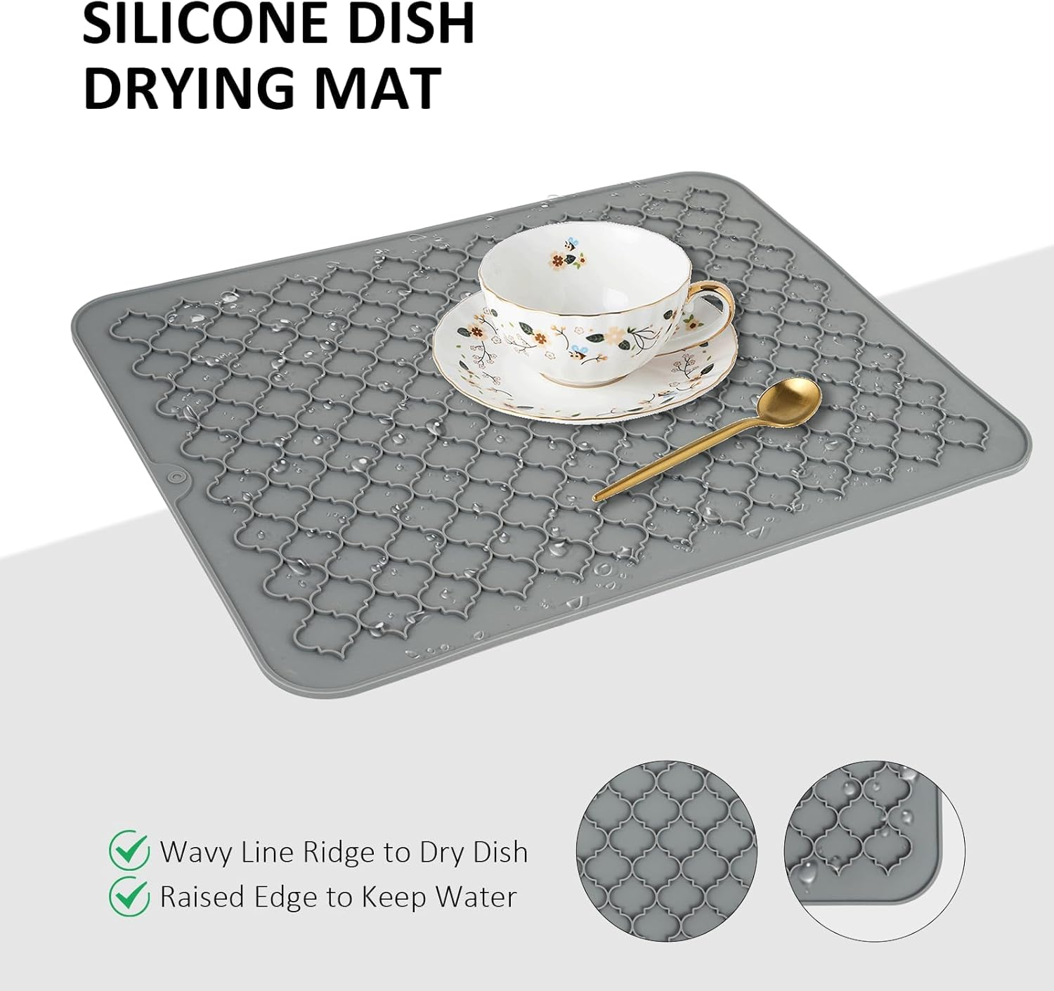 Taoluwin Drying Mat for Kitchen Counter, Silicone Dish Drying Mat, Heat Resistant, Waterproof, Mildew Resistant, Kitchen Dry Mats for Coffee Bar Dishes, Plates, Mugs, 40X30Cm (Grey) image number 1