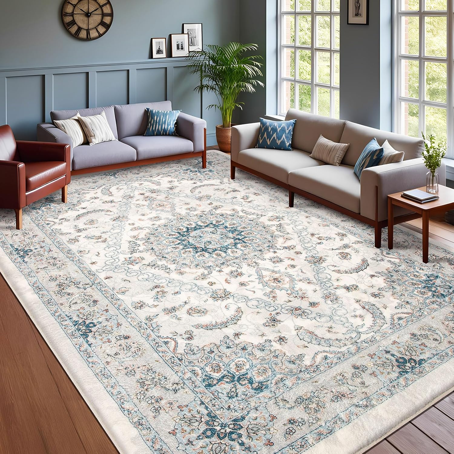 Leesentec Vintage Area Rugs for Living Room Soft Non-Slip Persian Rug Retro Floral Accent Carpet Extra Large Rugs for Bedroom/Dining/Office/Nursery Boho Home Decor (Blue/Grey/Beige，200 X 300Cm) image number 3