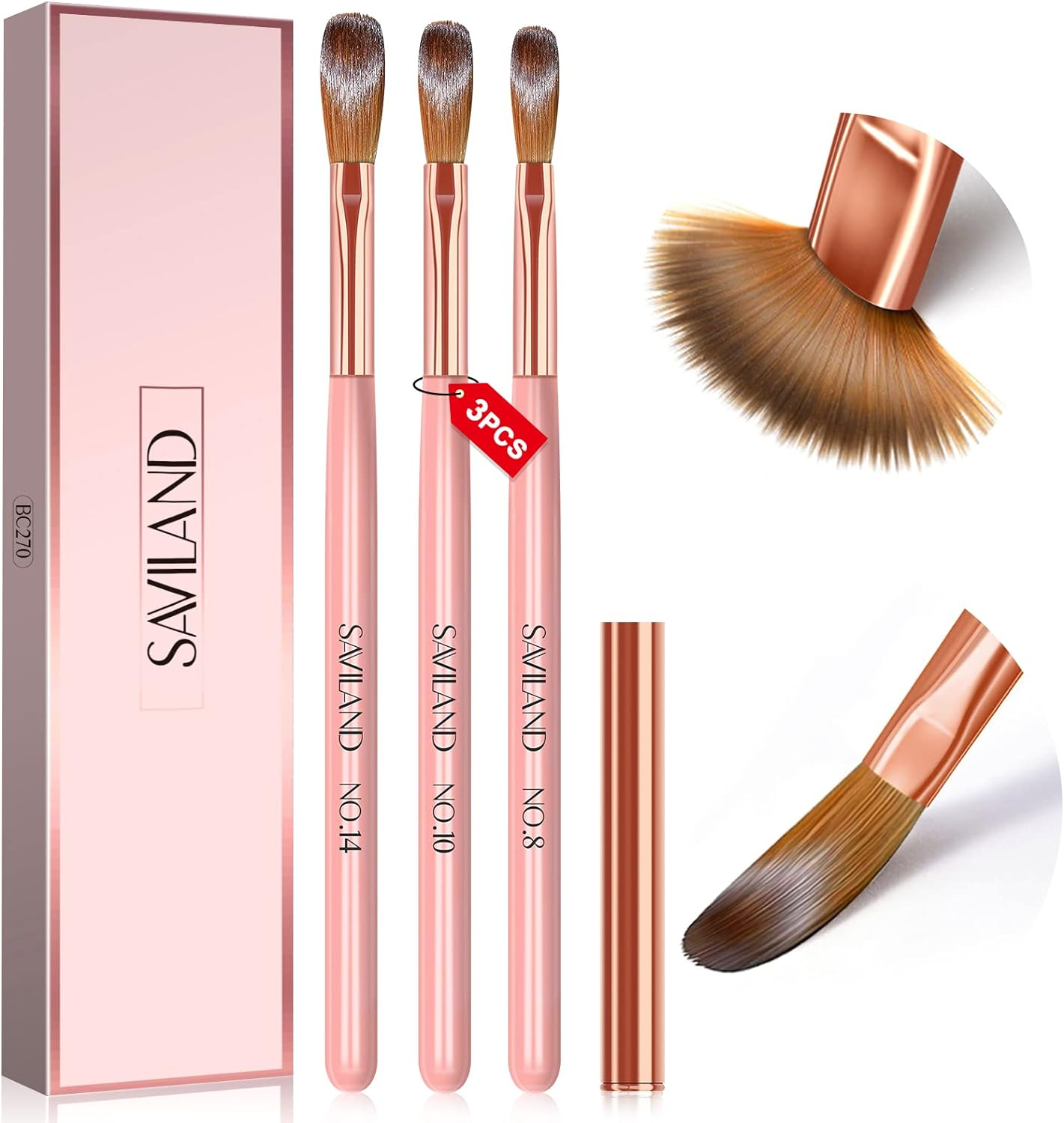 SAVILAND 3PCS Acrylic Nail Brush Set - Size 8/10/14 3A+ Superior Nylon Acrylic Nail Brushes for Acrylic Application, Pink Handle Professional Acrylic Powder Brushes for Nails Extension & 3D Nail Carving image number 1