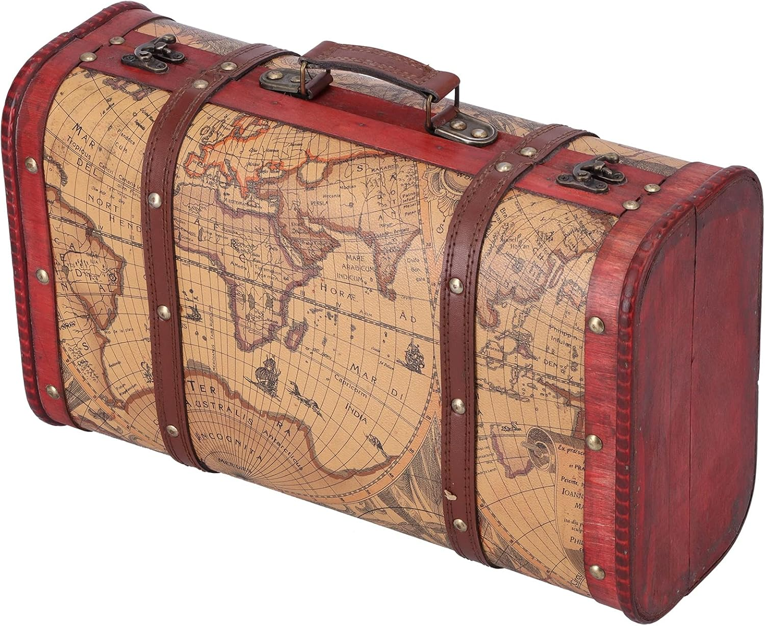 Vintage Suitcase Portable Wood Map Pattern Retro Storage Chest Home Decoration image number 3