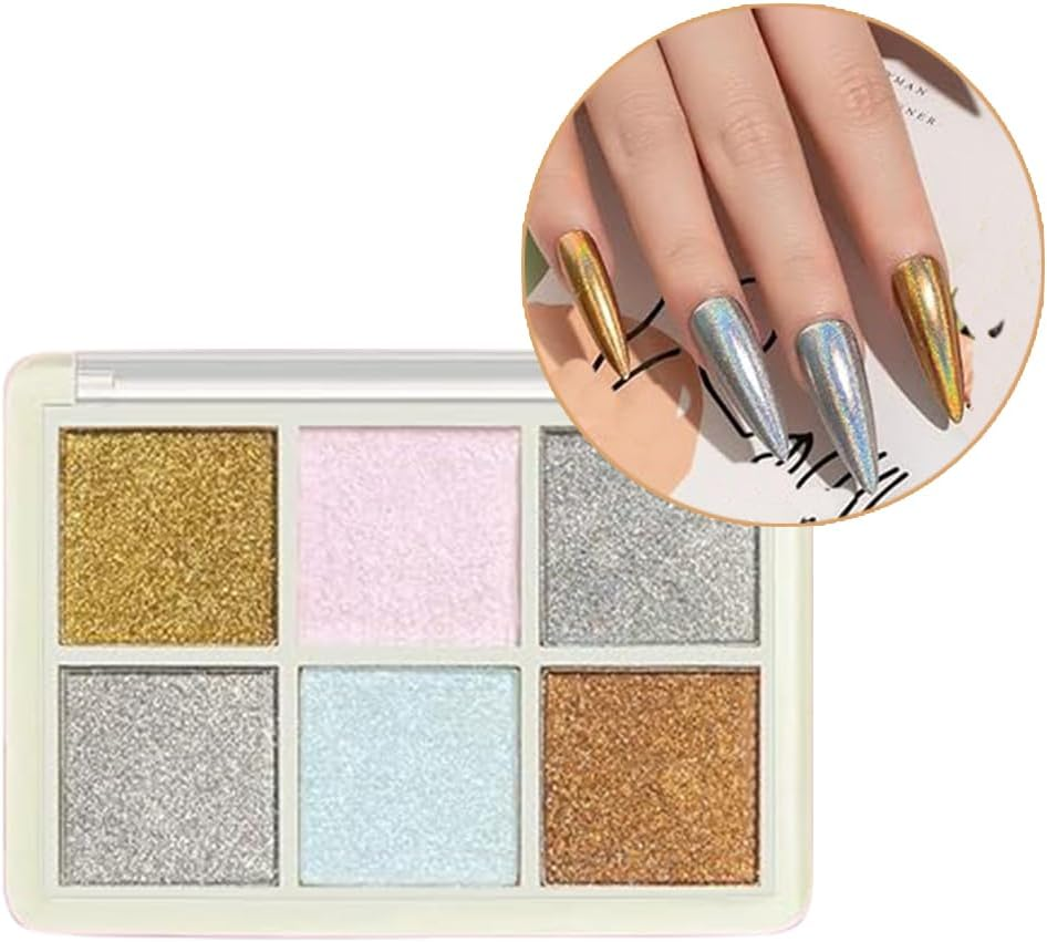 Chrome Nail Powder 6 Colors Holographic Gold & Silver Iridescent Pearl Chrome Powder, Glitter Pigment for Nail Art Decoration image number 1