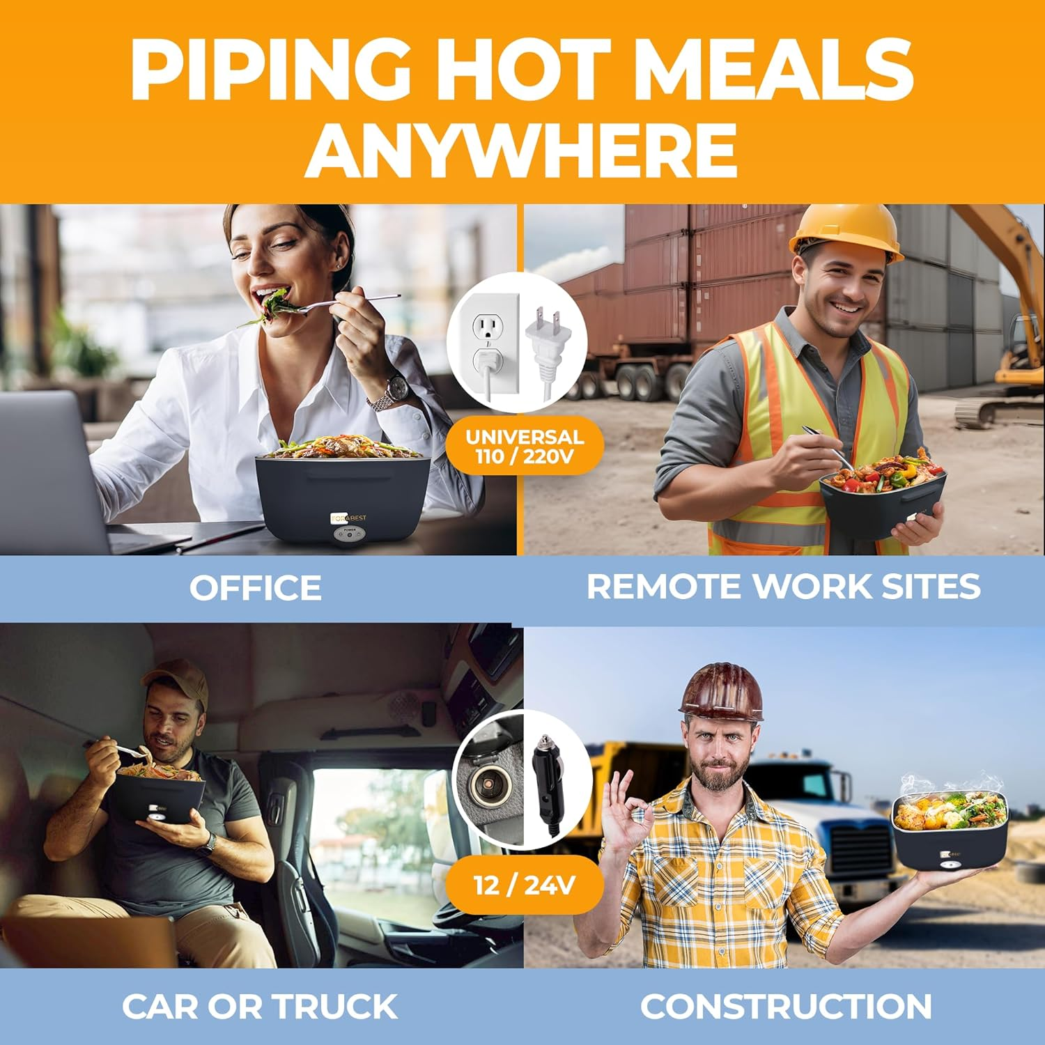 FORABEST Electric Lunch Box - Fast 60W Food Heater 3-In-1 Portable Food Warmer Lunch Box for Car & Home &ndash; Leak Proof, 2 Compartments, Removable 304 Stainless Steel Container, Fork, Spoon and Carry Bag image number 4