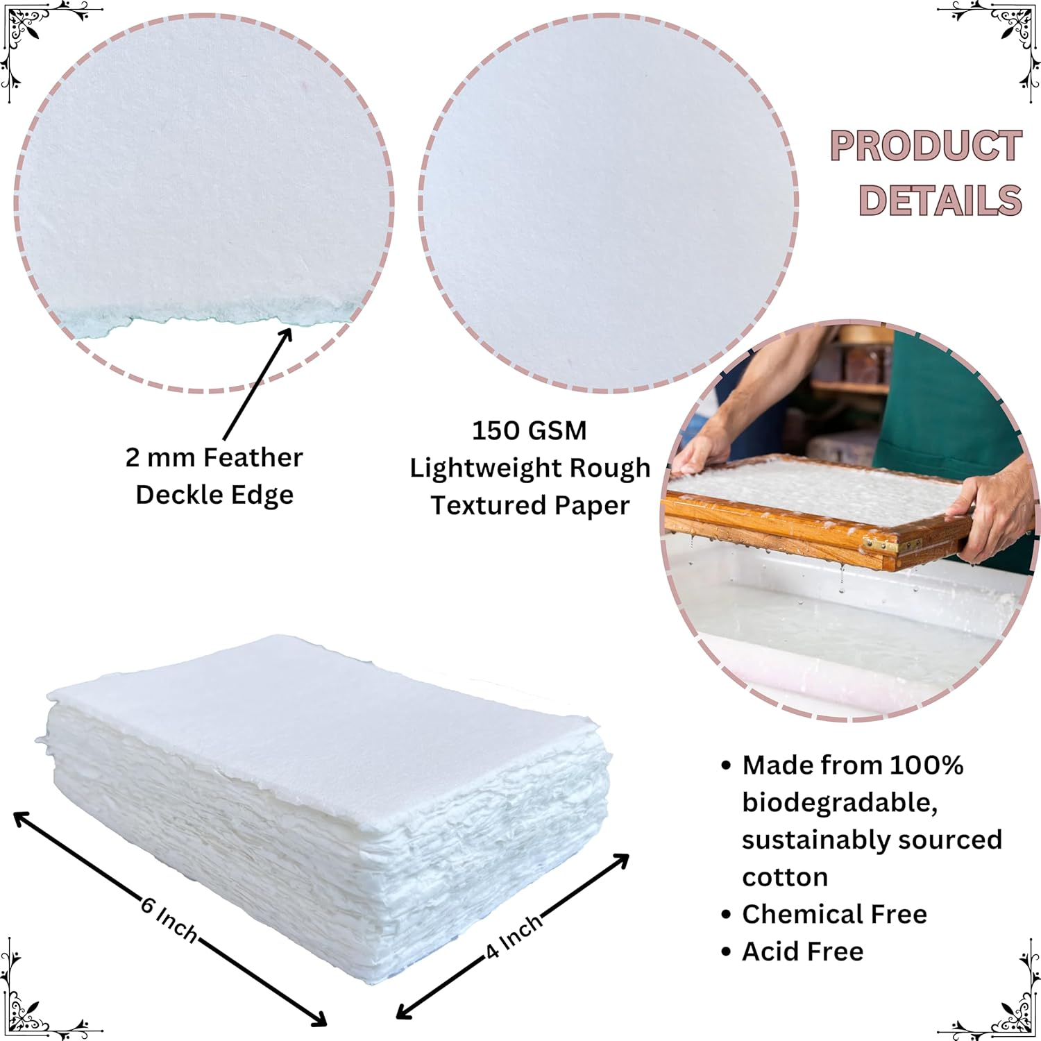 Handmade White Deckle Edge Blank Paper - 4X6 Inch Package of 50 - Mixed Media Loose Leaf Paper for Postcards, Invitations, Crafts and Announcements - Thick 150 GSM