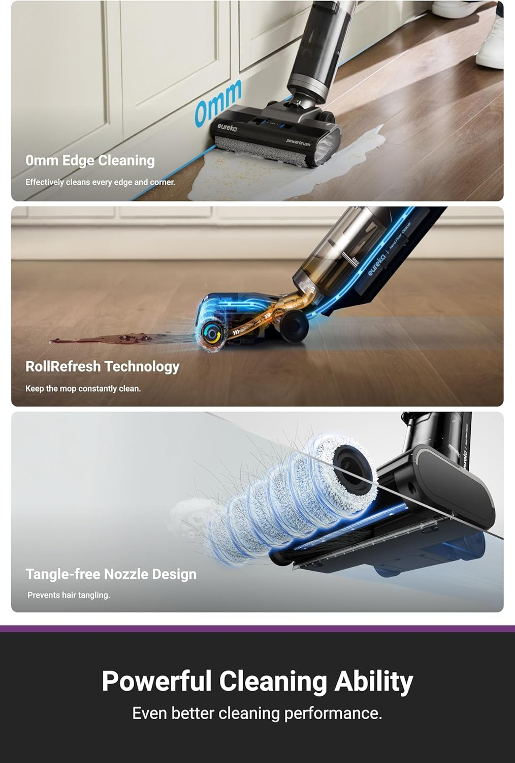 EUREKA Rapidwash NEW430BL Cordless Wet Dry Vacuum Cleaner, Smart Floor Washer with Self Cleaning, Air Drying, Edge Clean, LED Display, Powerful Suction, Tangle-Free Design, Long Runtime