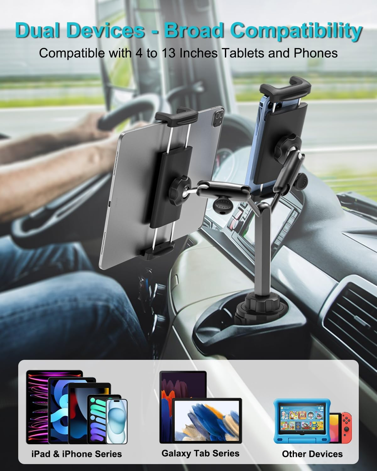 EXSHOW Car Cup Holder Tablet Mount, Heavy Duty Dual Tablet Holder for Truck, [Double Metal Arm] Adjustable Cupholder Compatible with Ipad Pro 13 12.9 Mini Air, ELD, Galaxy Tab, Iphone, 4-13" Device image number 6