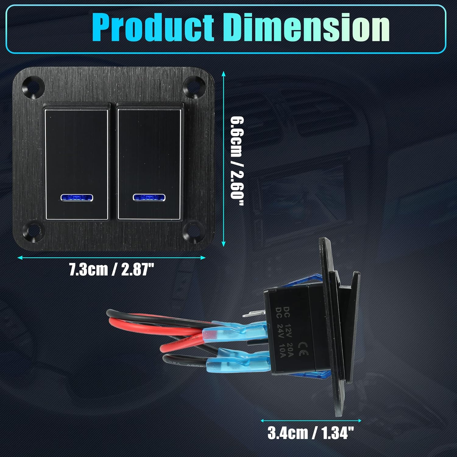 X AUTOHAUX 2 Gang Rocker Switch Panel 3 Pin on off Pre-Wired Toggle Switch Control Waterproof Aluminum Alloy Blue LED Light Push Button for 12V 24V Black - Silver Tone image number 7