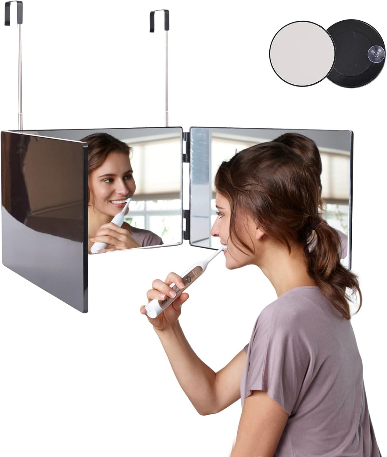 3 Way Mirror,360 Trifold Mirror with Height Adjustable Telescoping Hooks,And 5X Magnification Mirror,For Makeup, Hair Styling (Black) image number 4