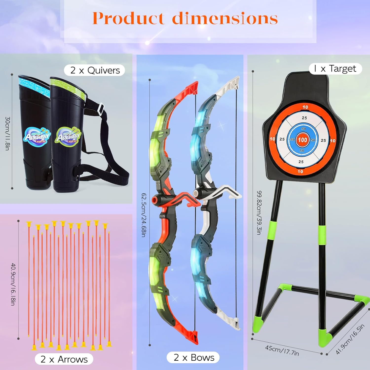 Bow and Arrow Set for Kids, 2-Pack LED Light up Archery Set with 20 Suction Cup Arrows, Outdoor Toy for Boy Girl with Standing Target&2 Quivers, Birthday Kid 5 6 7 8 9 Year Old