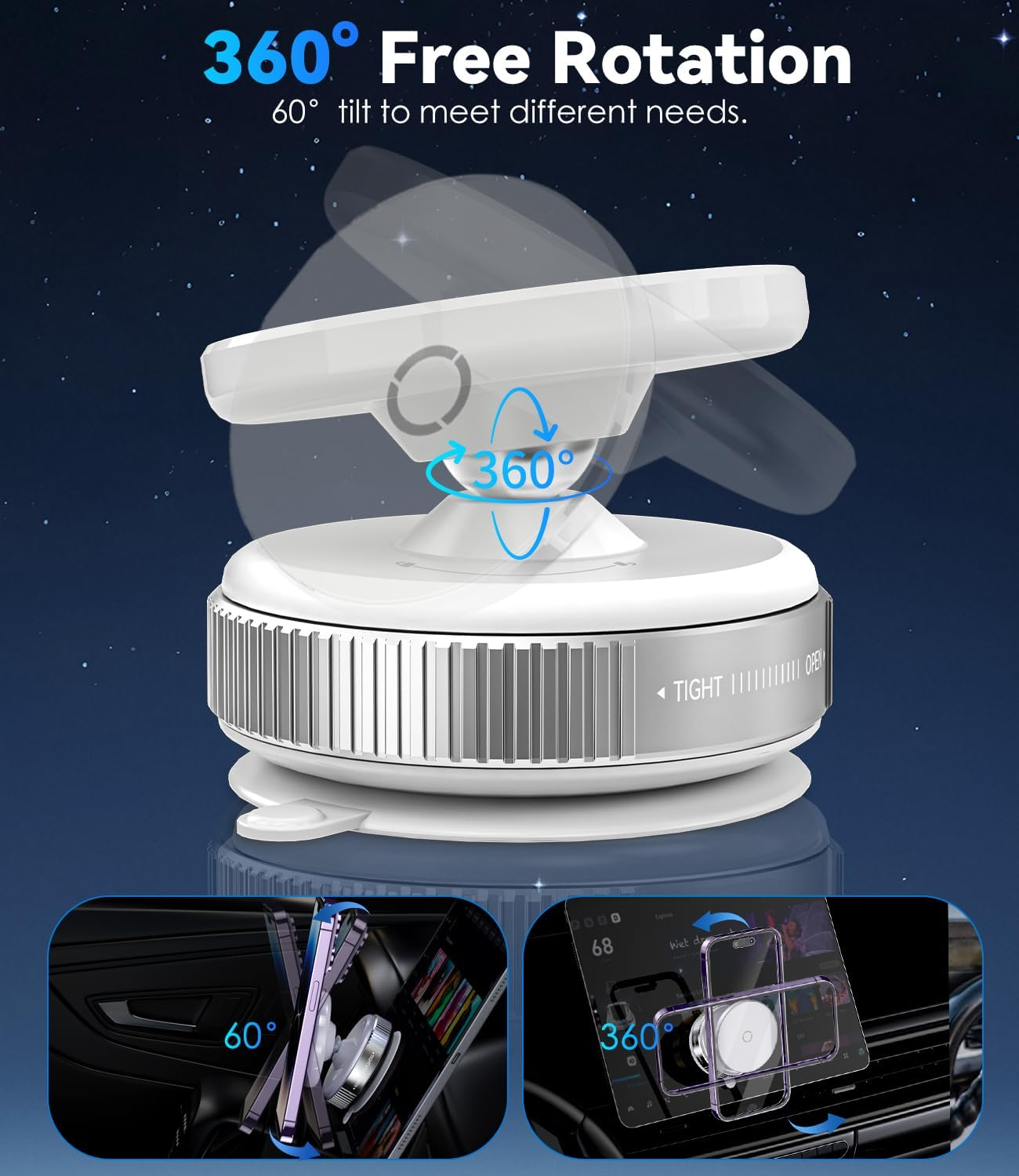 Cloudvalley 360&deg; Adjustable Magnetic Car Phone Holder with Rotating Suction Cup,[Compatible with Magsafe] Car Phone Mount for Iphone & Android, Strong Vacuum Suction for Dashboard & Windshield,White - Black image number 2