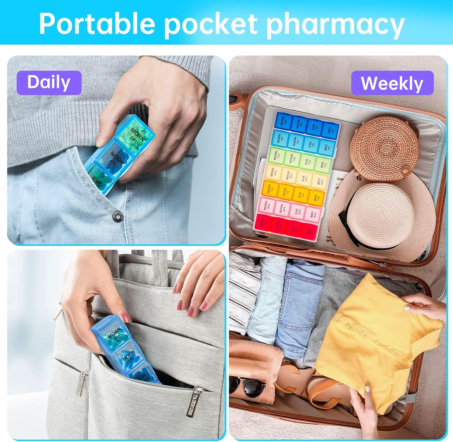 Pill Organiser with Label, Pill Box 7 Day/, Travel Pill Cases Organizers Arthritis Friendly, Weekly Pill Organiser AM/PM Pill Box Organiser, Easy Open and Removable 4 Times a Day Large Pill Holder for Vitamin/Fish Oil/Cod Liver Oil/Supplements/Medication image number 2