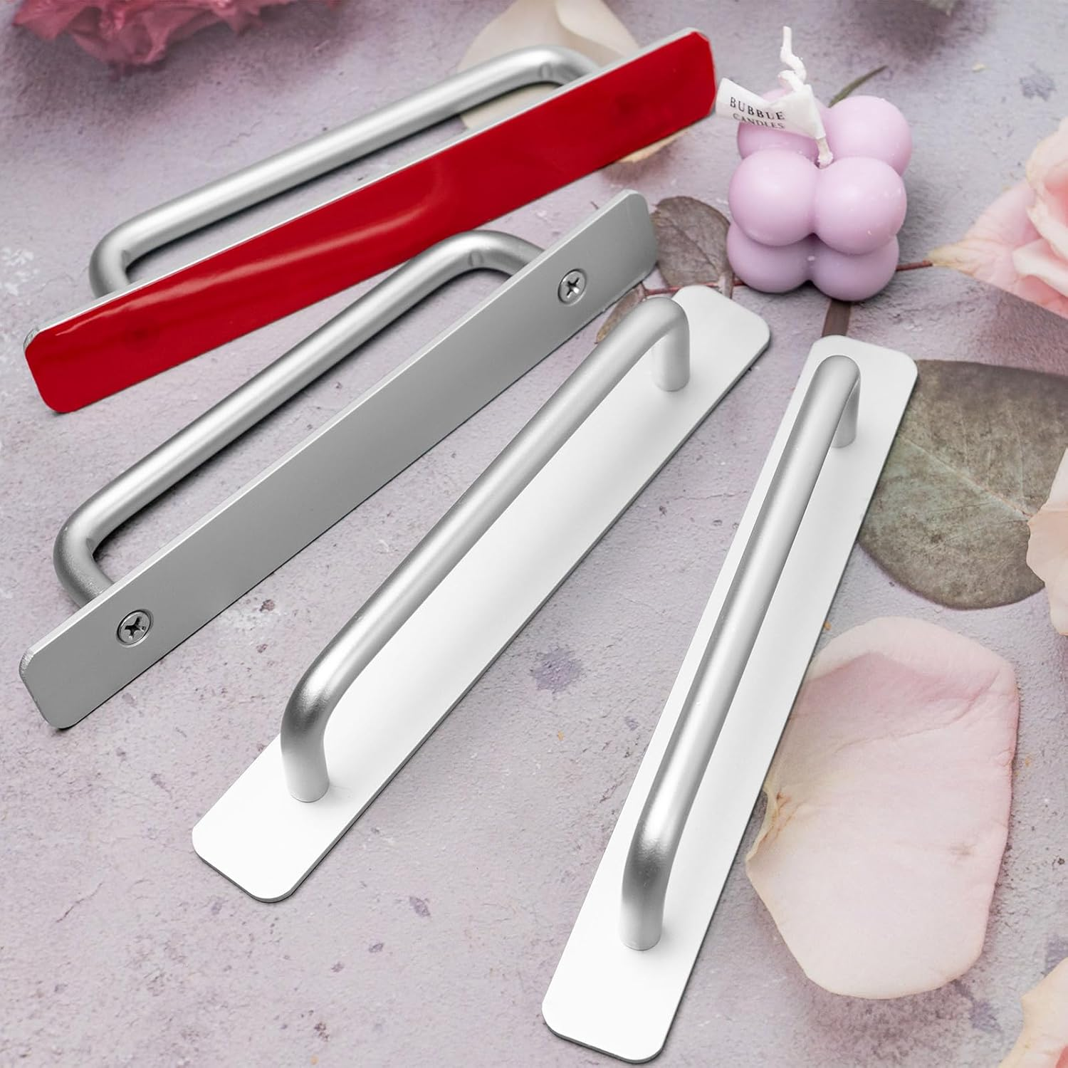 4 PCS Adhesive Cabinet Handles, No Drilling Drawer Pulls, Aluminum Alloy Stick on Door Handles, Window Handles for Kitchen, Cupboard Sliding Closet, Dresser Closet (Silver) image number 1