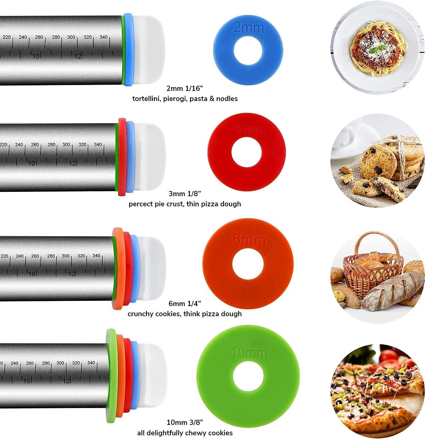 Roccar Rolling Pin and Silicone Baking Pastry Mat Set, Stainless Steel Dough Roller, Rolling Pins with Adjustable Thickness Rings, for Baking Dough, Pizza, Pie, Pastries, Pasta, Cookies image number 5