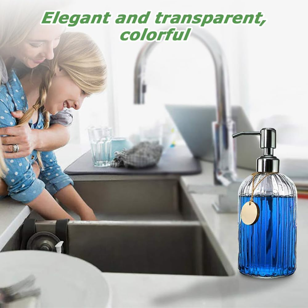 18 Oz Glass Soap Dispenser with Rust Proof Stainless Steel Pump, Refillable Hand Soap Dispenser with Vertical Stripe, Premium Bathroom Soap Dispenser for Kitchen & Bathroom. image number 4