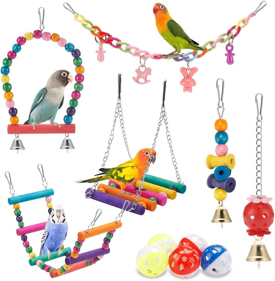 KAPASKI Bird Toys, 11 Pcs Swing Hanging Standing Chewing Toy Hammock Climbing Ladder, Colorful, Suitable for Budgerigar, Parakeet, Conure, Cockatiel, Mynah, Love Birds, Finches image number 2