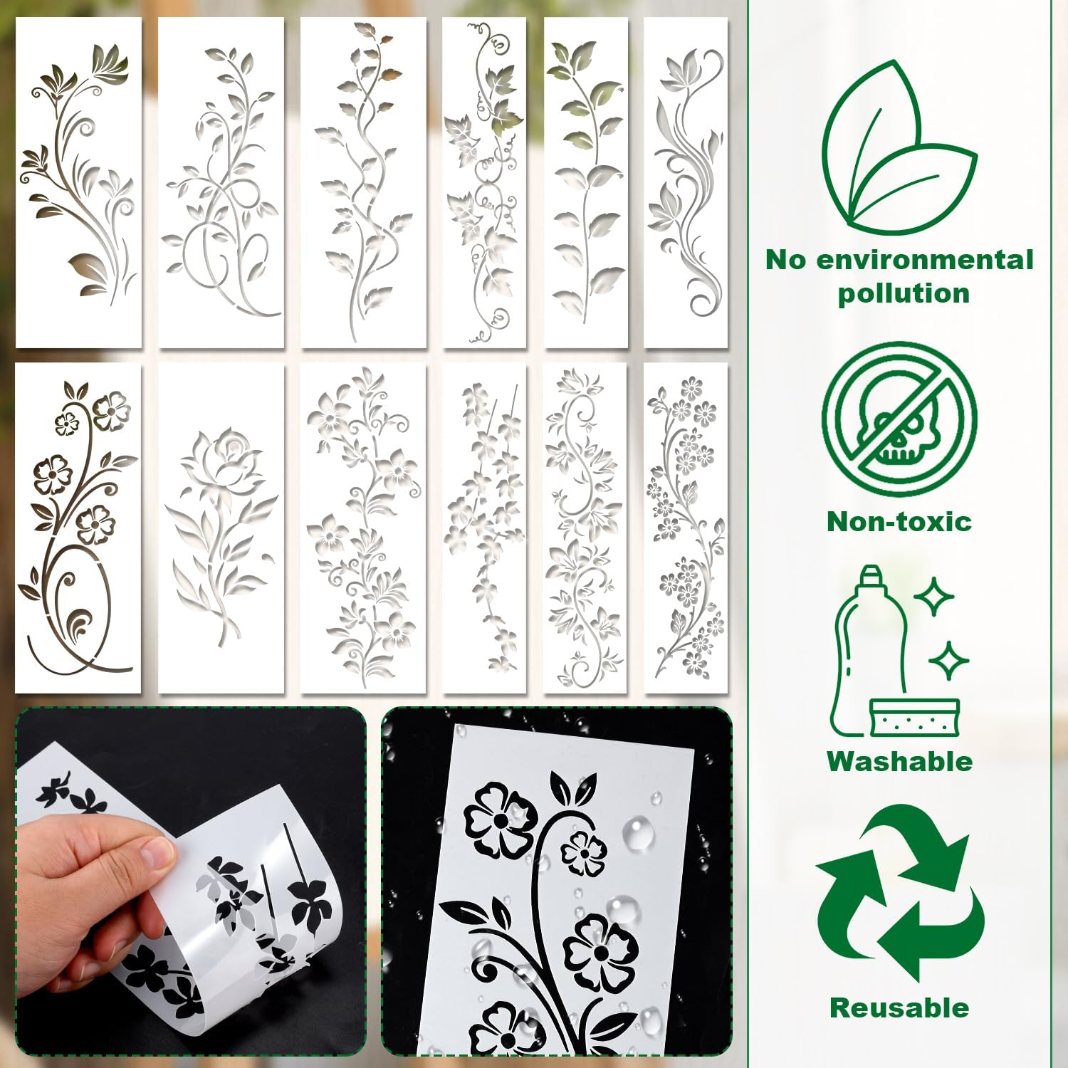 12Pcs Leaf Vine Stencils, Leaves & Flower Stencil Reusable Floral Stencil Spring Drawing Templates for Painting on Walls DIY Craft Canvas Home Decor Wall Art image number 1