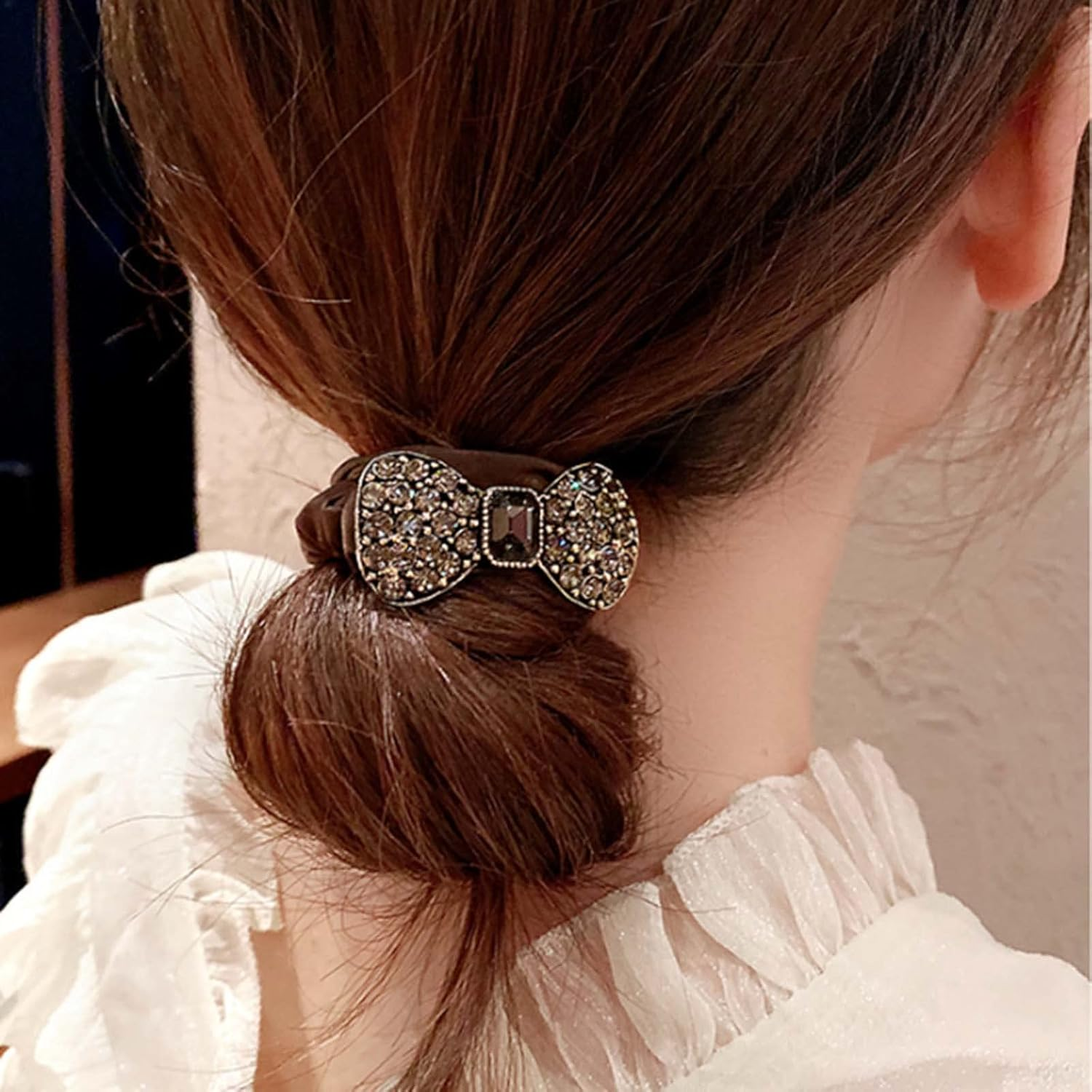 Wendalern Boho Rhinestone Ponytail Holder Bowknot Ponytail Hair Scrunchie Geometric Elastic Hair Bobbles Brown Crystal Hair Ropes Decorative Hair Accessories for Women and Girls image number 3