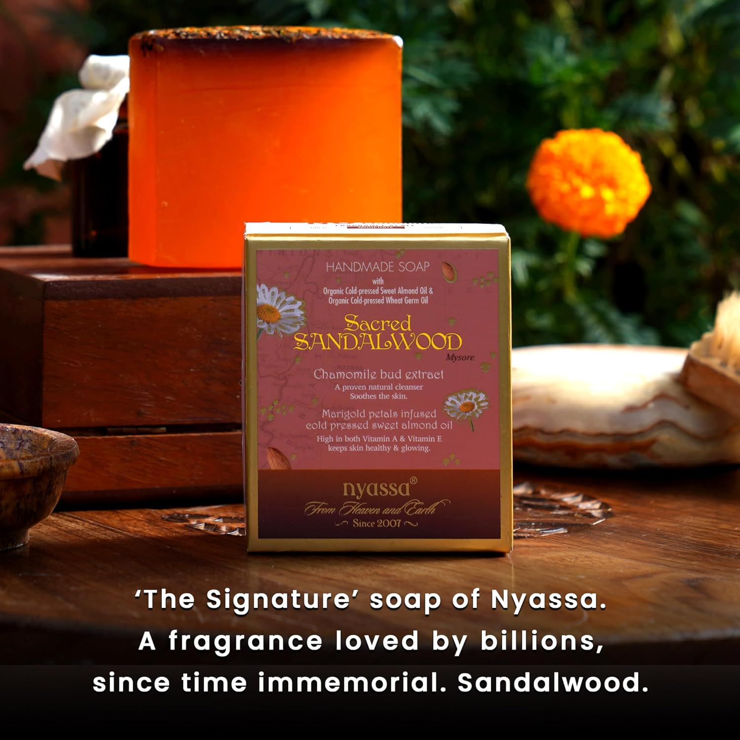 Nyassa Sacred Sandalwood Handmade Soap with Natural Ingredients and a Warm Woody Fragrance. Enriched with Chamomile Extracts and Calendula Extracts. Sweet Almond Oil No Paraben, Cruelty Free (150Gm) image number 3