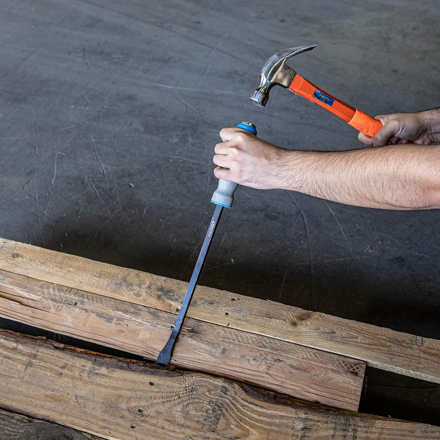 NEIKO 00251A Pry Bar, 3 Piece Angled Tip Pry Bar Set, 8", 12" & 17.5" Crow Bar with Go through Striking Cap, Textured TPR Breaker Bar Handles, Heavy Duty Black Oxide Coated Chromium Steel Small Prybar image number 4