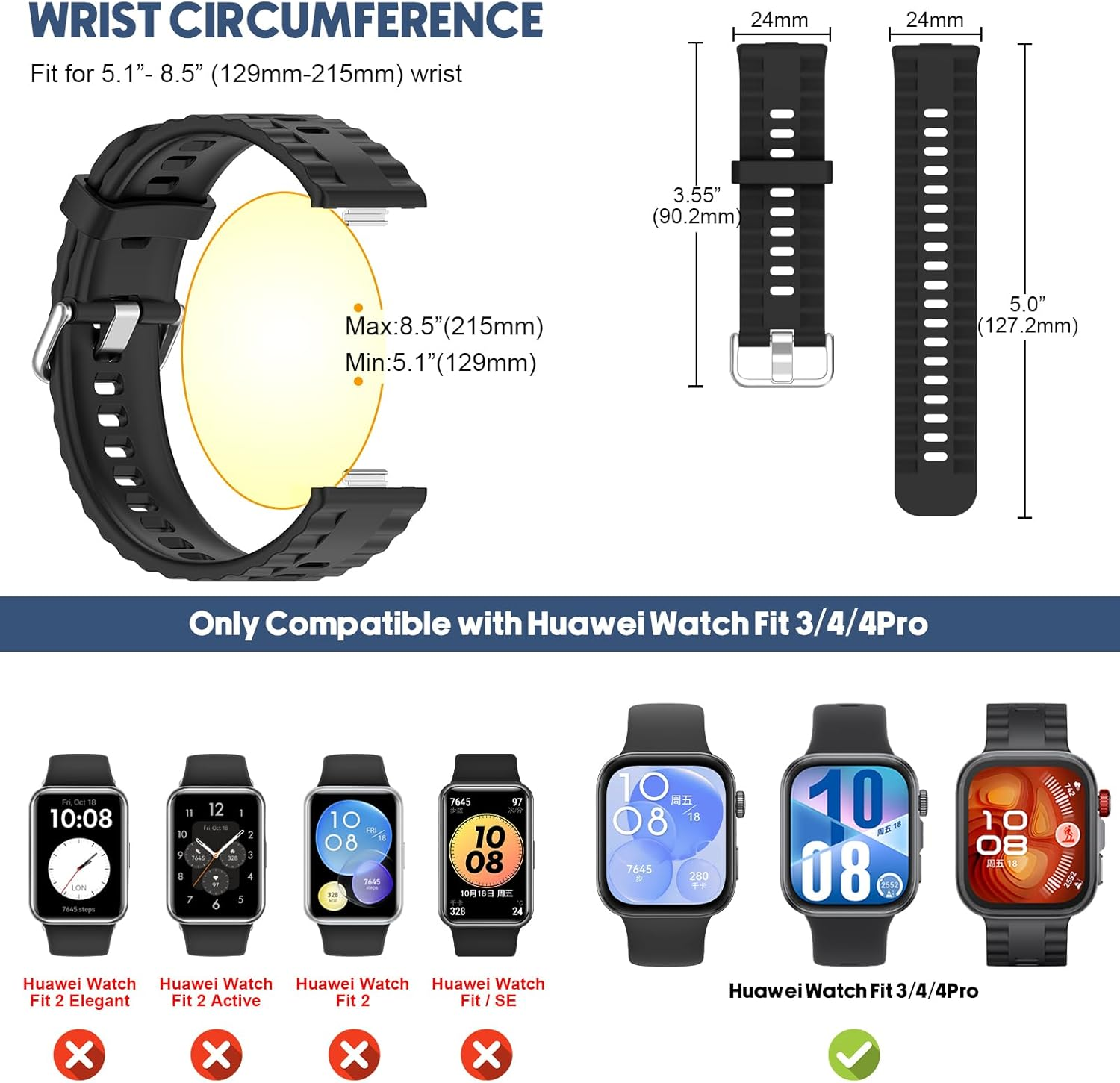 Dhwgang 2 Silicone Bands Compatible with Huawei Watch Fit 4 Pro / Fit4 / Fit3 Smartwatch Replacement Wristbands, Soft, Comfortable, Waterproof, Breathable, Sports Watch Strap Accessories - Black  Navy image number 6