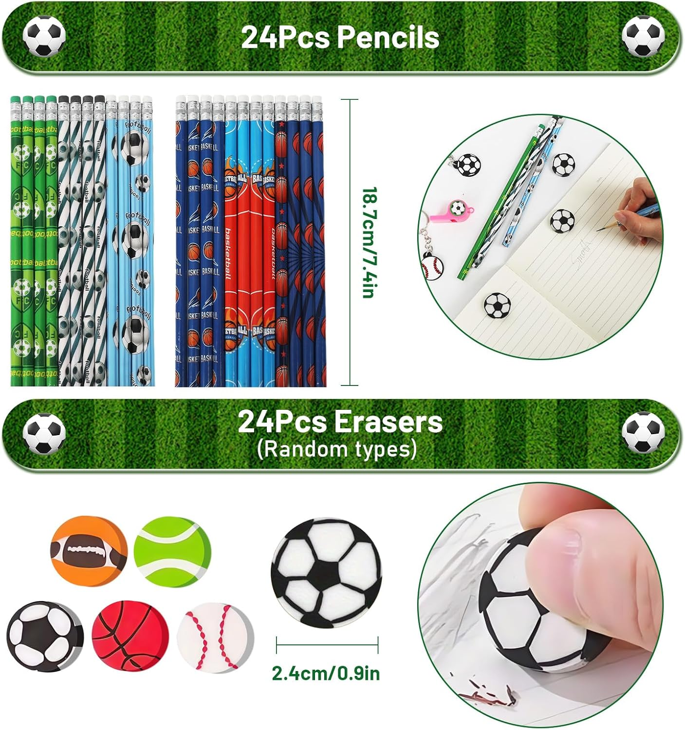 Oundarm 194Pcs Sports Ball Stationery Party Favors Set Soccer Basketball Baseball Football Pencil Eraser Keychain Slap Bracelet Whistle Sticker Goodie Bag Bulk Kids Gift Classroom Rewards Supplies image number 4