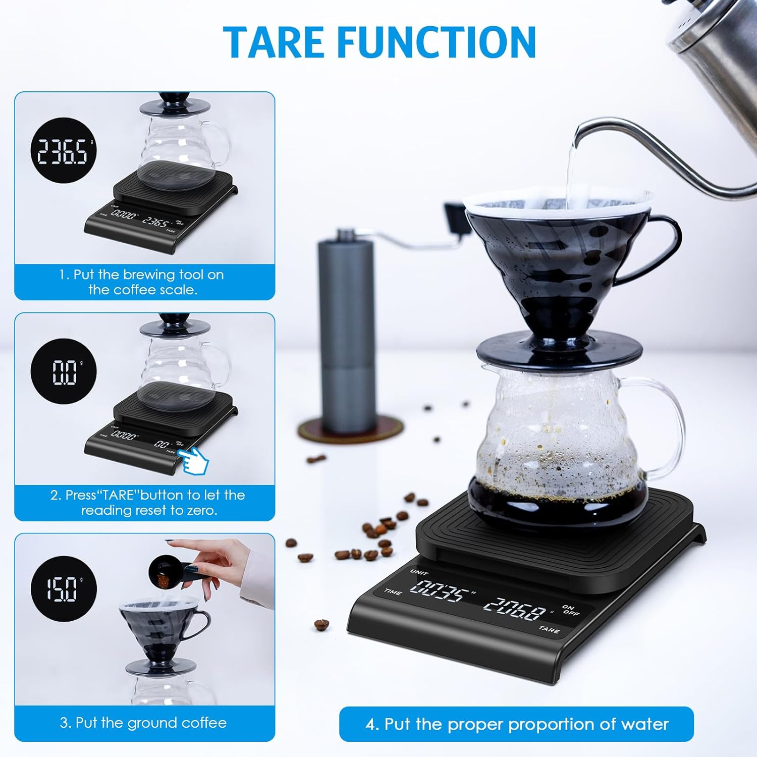 AMIR Digital Coffee Scale, 0.1G/3Kg Accurate Scale for Digital Coffee Scale with LCD Display, Coffee Scale with Timer, Silicone Non-Slip Mat, Tare Funtion, Espresso Coffee Scale for Cooking Baking image number 5