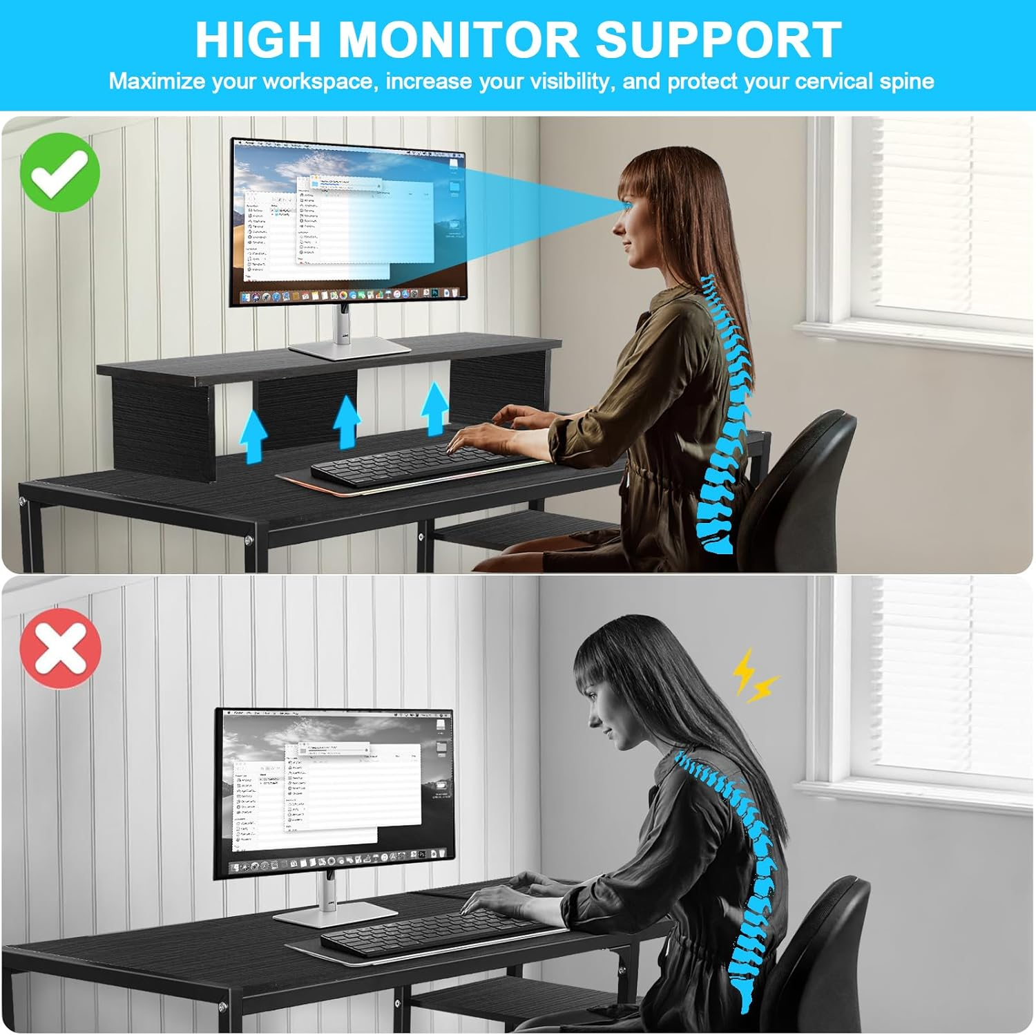 Computer Desk with Reversible Storage Shelves, Home Office Desk with Monitor Stand, Modern Simple Writing Table for Work Study Writing,100 * 45 * 76Cm, Black image number 4