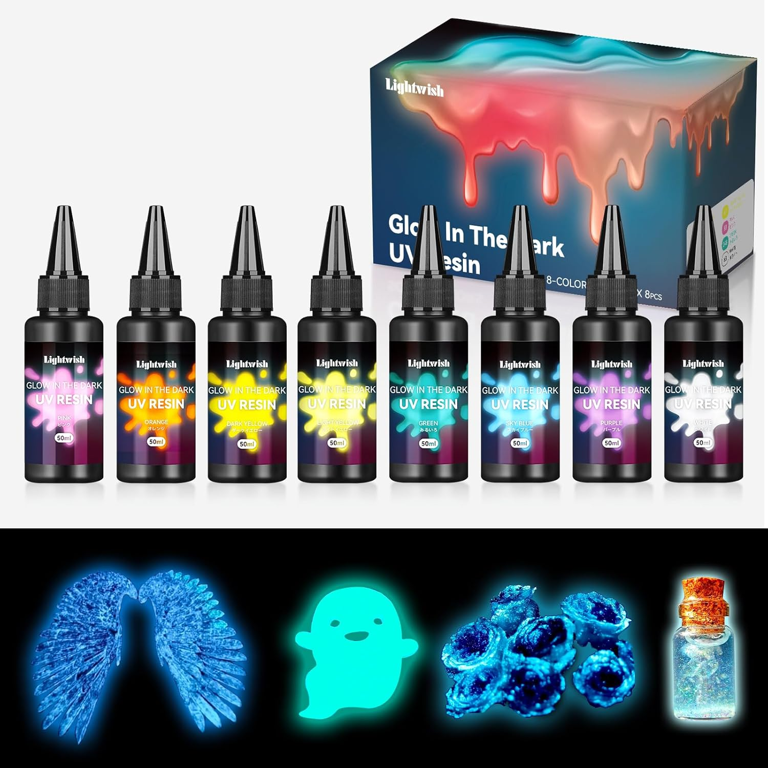 LIGHTWISH Glow in the Dark UV Resin 400G - 8 Colors Odorless, Quick Ultraviolet Curing for Small Craft, Jewelry Making, DIY Projects