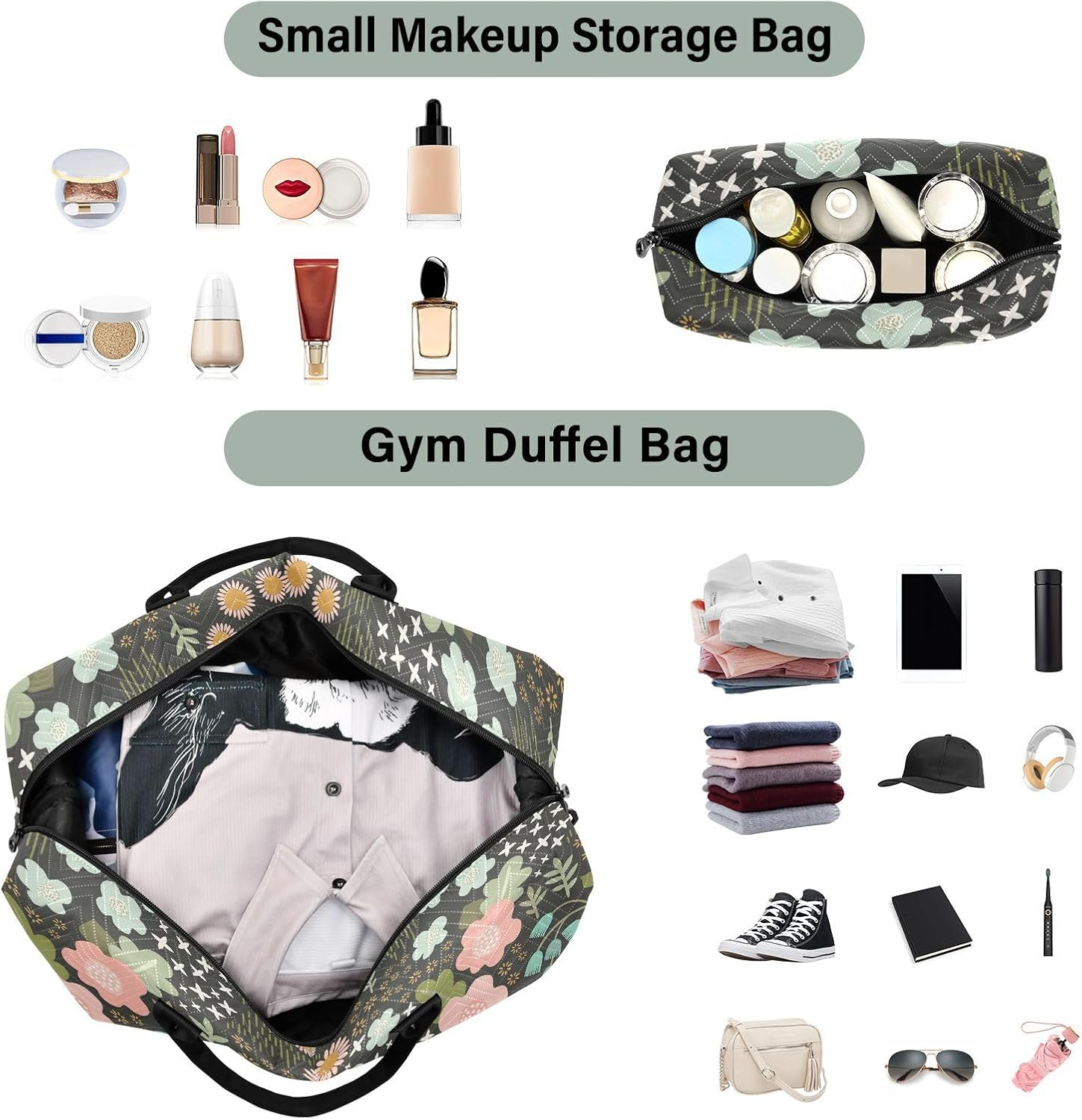 Duffel Bags Carry on Shoulder Weekend Tote Delicate Floral Adventure Gym Sports Carry with Adjustable Strap For, Delicate Floral Adventure, Set of 2, Art Deco image number 2