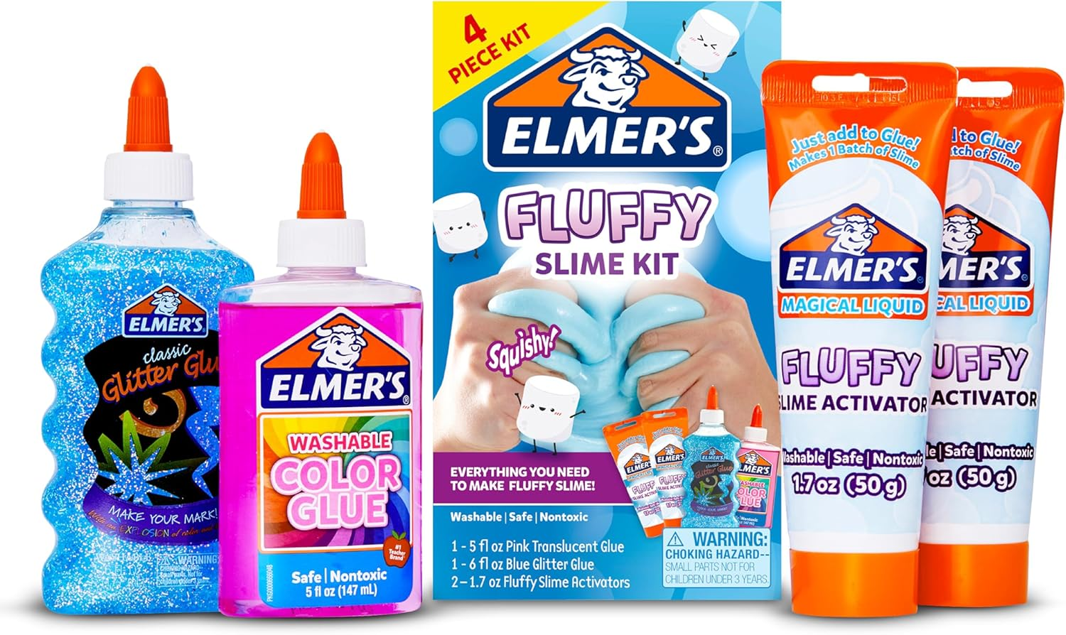 Elmer&rsquo;S Fluffy Slime Kit, Includes Elmer&rsquo;S Translucent Color Glue, Elmer&rsquo;S Glitter Glue, Elmer&rsquo;S Fluffy Slime Activator, 4 Count