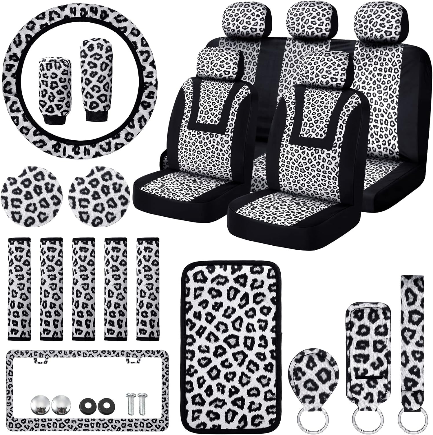 Frienda 24 Pcs Leopard Car Accessories Leopard Car Seat Cover Full Set Cheetah Steering Wheel Metal License Plate Headrest Seat Belt Armrest Pad Handbrake Gear Cover Keyring(White Black) image number 5