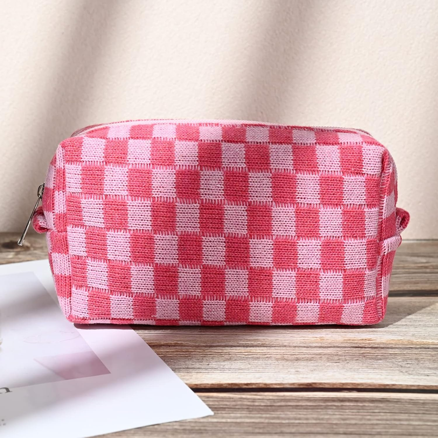 SOIDRAM 2 Pieces Makeup Bag Large Checkered Cosmetic Bag Pink Capacity Canvas Travel Toiletry Bag Organizer Cute Makeup Brushes Aesthetic Accessories Storage Bag for Women image number 2