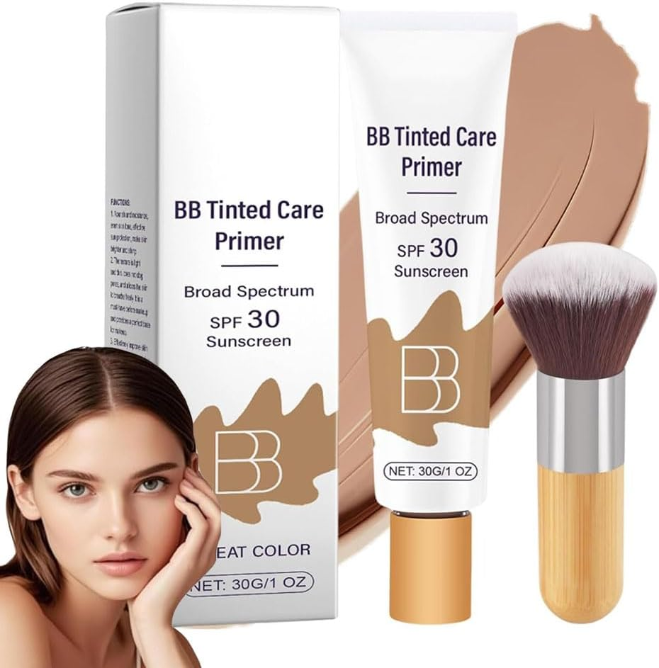 BB Tinted Care Primer with Brush,Bb Cream Tinted Moisturizer with Broad Spectrum,Bb Tinted Moisturizer,Hydrates & Smooths Your Skin,Brightens,Suitable for Women (Wheat, 1Pcs)