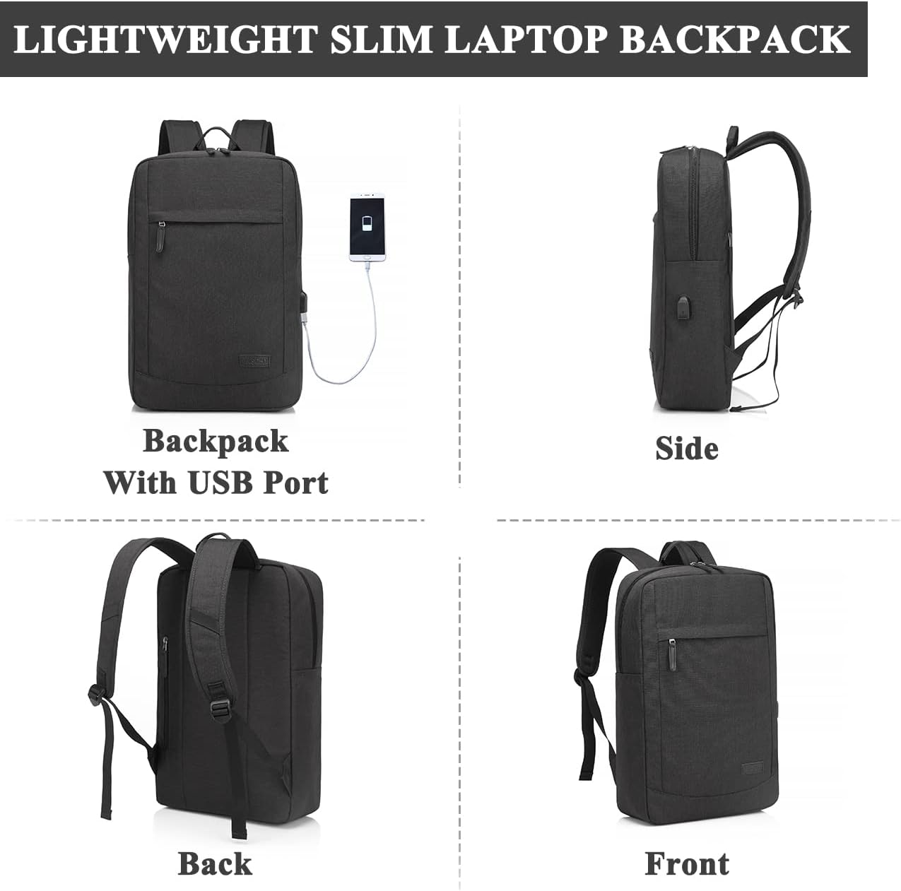Laptop Backpack for Men Women, VASCHY Lightweight Business Backpack Fits 15.6-17 Inch Laptop College School Computer Bag for Work Travel Rucksack with USB Charging Port Black - Dark Gray image number 5