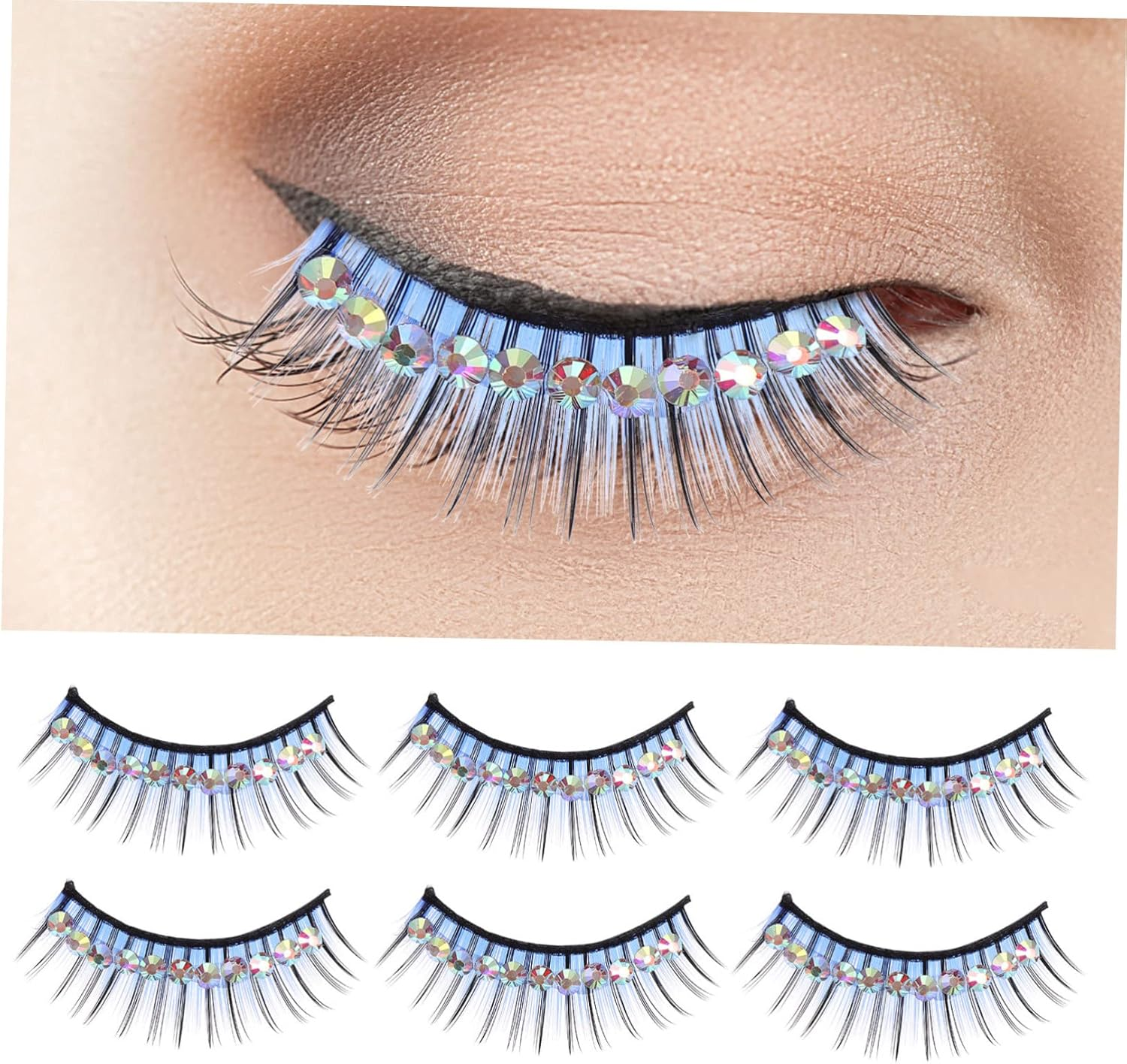 5 Pairs Blue Rhinestone Drama Stage False Eyelashes Dense Thick Costume Lashes for Women Latin Dance Party Makeup - Blue image number 2