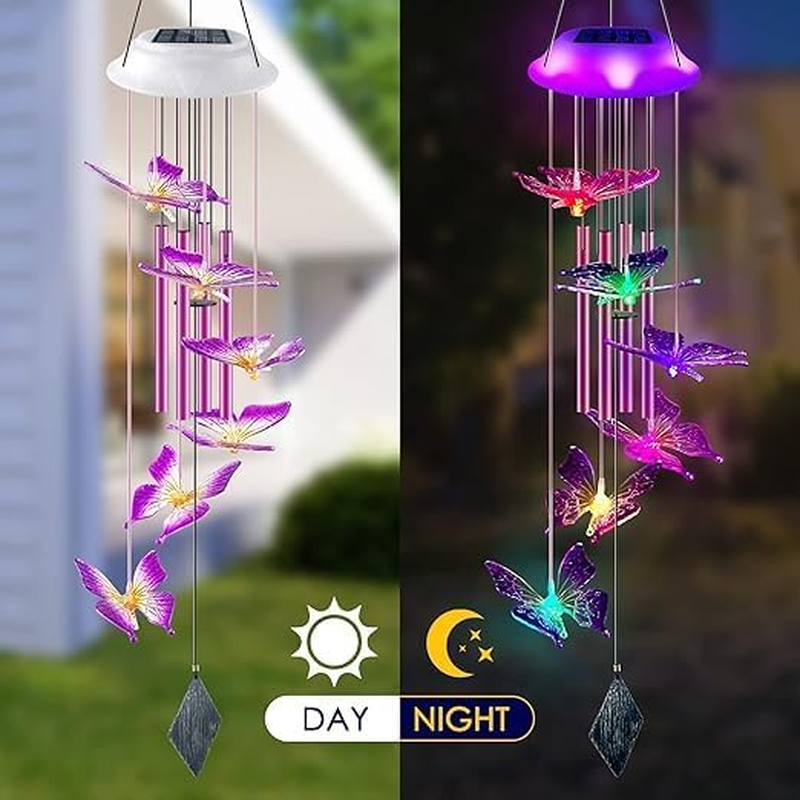 Purple Butterfly Solar Wind Chimes, Valentines Day Gifts for Him, Glowing Top Color Changing Moblie LED Wind Chime for Outside, Outdoor Home Party Garden Decor Light image number 4