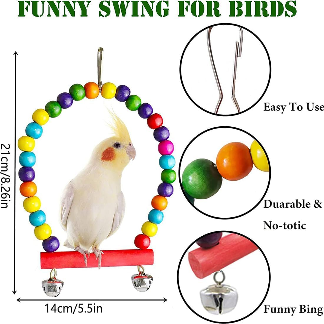 Bird Sw-Ing Chewing Toys, 14Packs Brightly Colored and Sturdy Parrot Hammock Bell Toys,Parrot Cage Toy Bird Per-Ch with Wood Beads Hanging for Small Parakeets, Finches,Budgie, Love Birds,Canaries image number 4