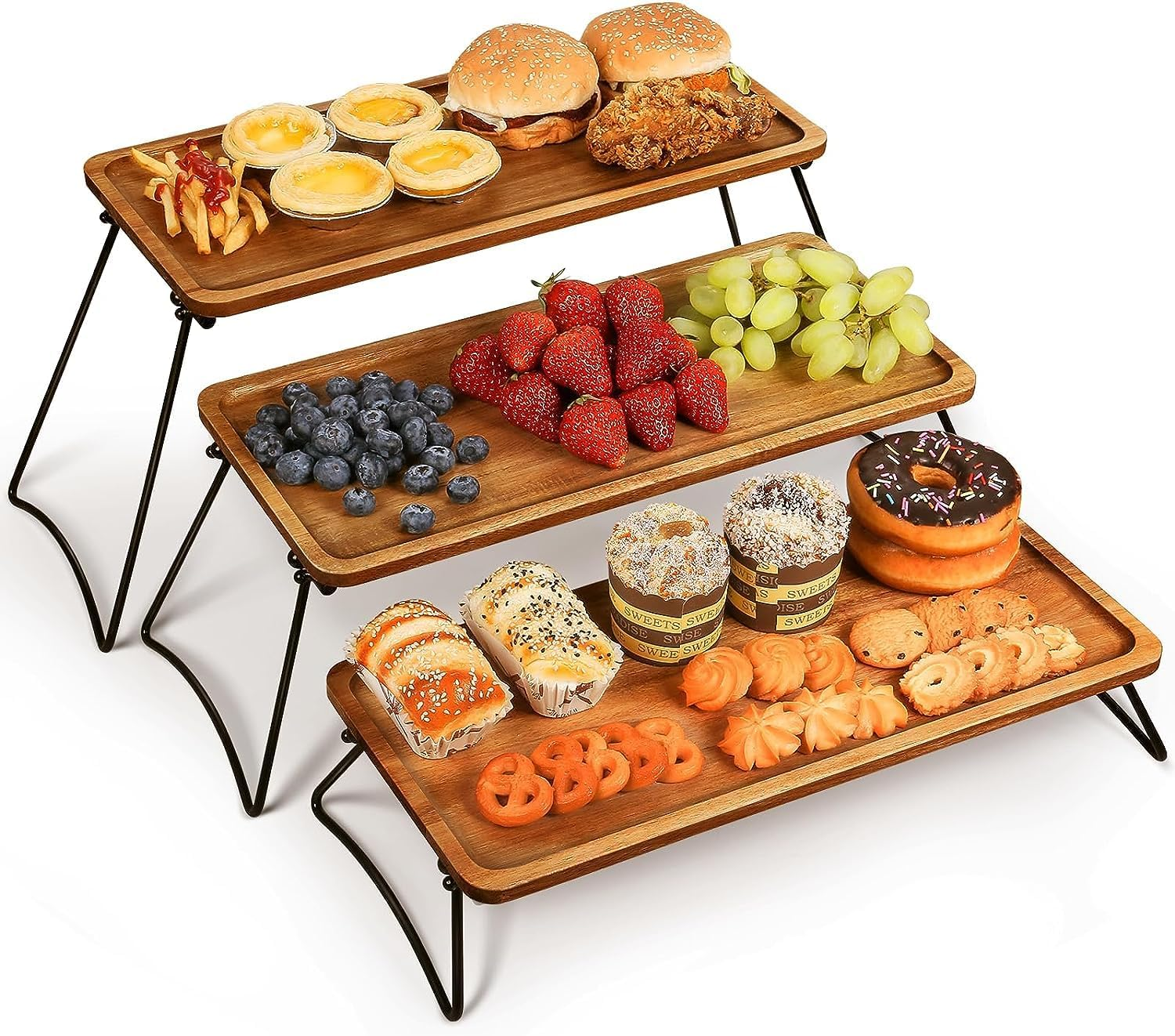 3 Tiered Tray Stand - Three Tiered Serving Stand with Acacia Wood Serving Trays & Platters for Cupcake Stand,Wooden Dessert Table Display Set,Charcuterie Boards,Food,Party,Vendors image number 2