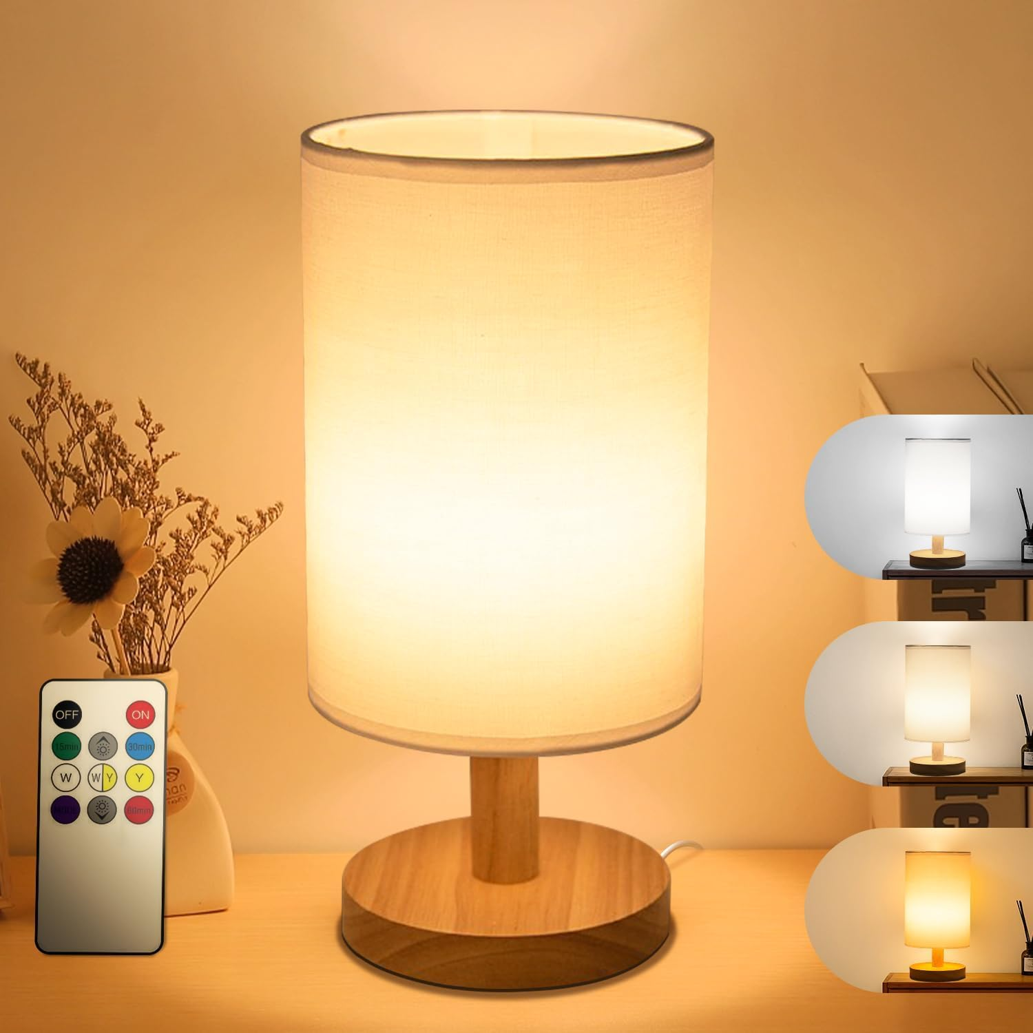 Necomi Bedside Table Lamp, LED Bedrooms Lamps with Remote Control, Dimmable & 3 Color Temperature, USB Power Minimalist Solid Wood round Base with Fabric Shade for Living Room, Kids Room, Office