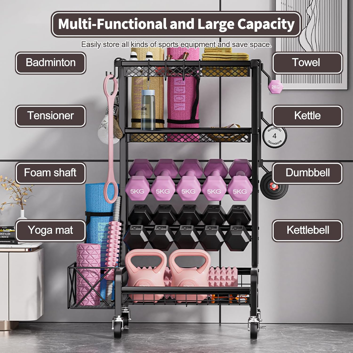 KAIGITE Dumbbell Rack, Home Gym Storage, Weight Rack for Dumbbells, Yoga Mat Rack with Wheel Hooks, Workout Equipment Storage for Dumbbells Kettlebells Foam Rollers - Dumbbell Rack image number 4