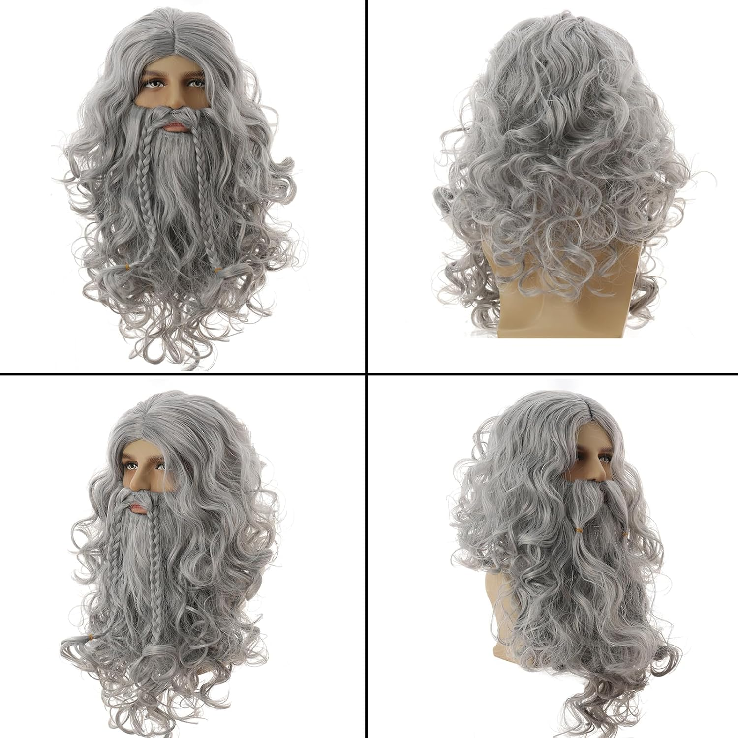 3Pcs Long Gray Wig for Men Costume with Wig Cap and Beard Men&rsquo;S Cosplay Synthetic Layered Hair Wigs Silver Man Wig for Adults Men'S Wig for Costumes Cosplay Christmas Halloween Carnival Parties Anime image number 4