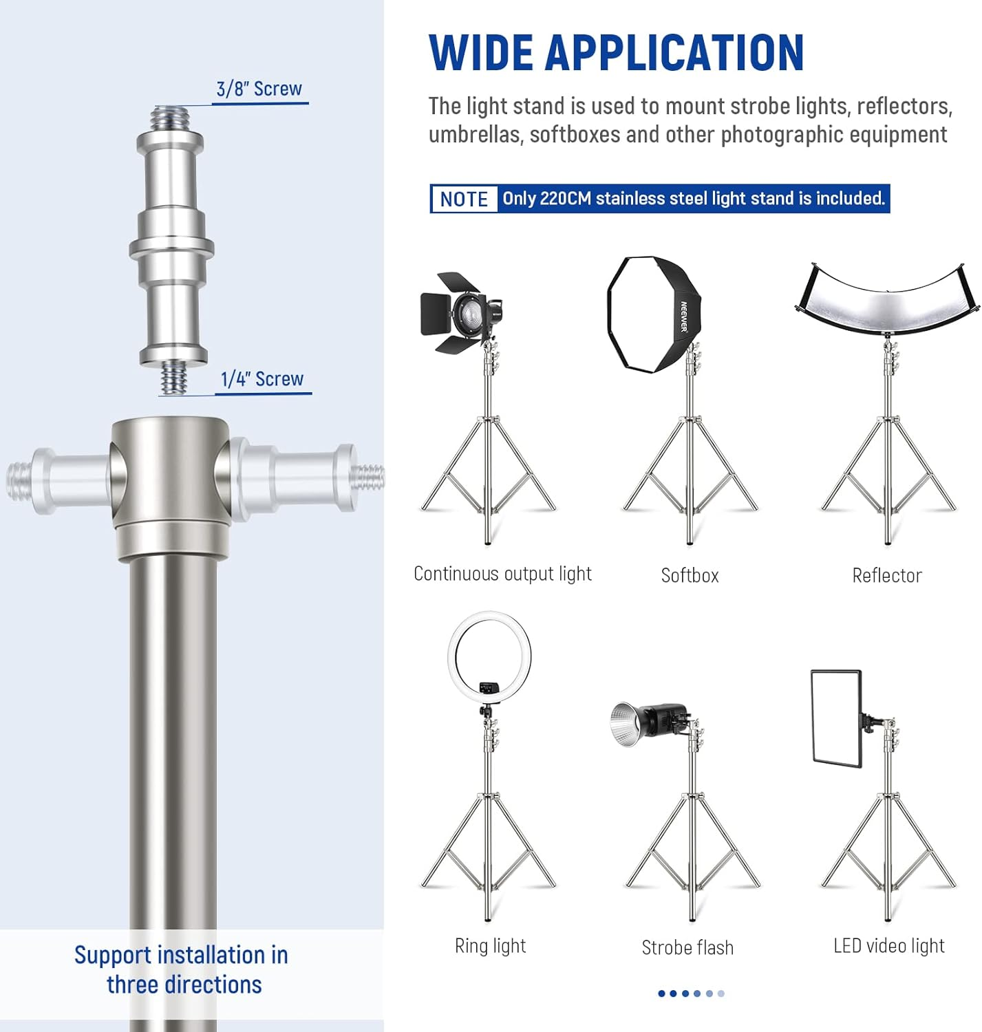 NEEWER 7.2Ft/2.2M Stainless Steel Light Stand, Spring Cushioned Heavy Duty Photography Tripod Stand with 1/4&rdquo; to 3/8&rdquo; Universal Screw Adapter for Strobe,Led Video Light,Ring Light, Monolight, Softbox image number 4