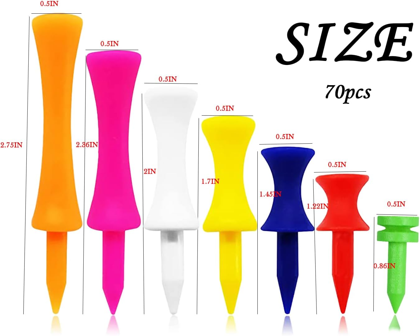 70 Pcs Golf Tees, Golf Step down Plastic Tees Value Multiple Colors Size Bulk, Unbreakable Tee 1", 1 1/4", 1 1/2", 1 3/4", 2", 2 1/4", 2 3/4", Long Short 7 Colors for Men Women Kids Practice image number 4