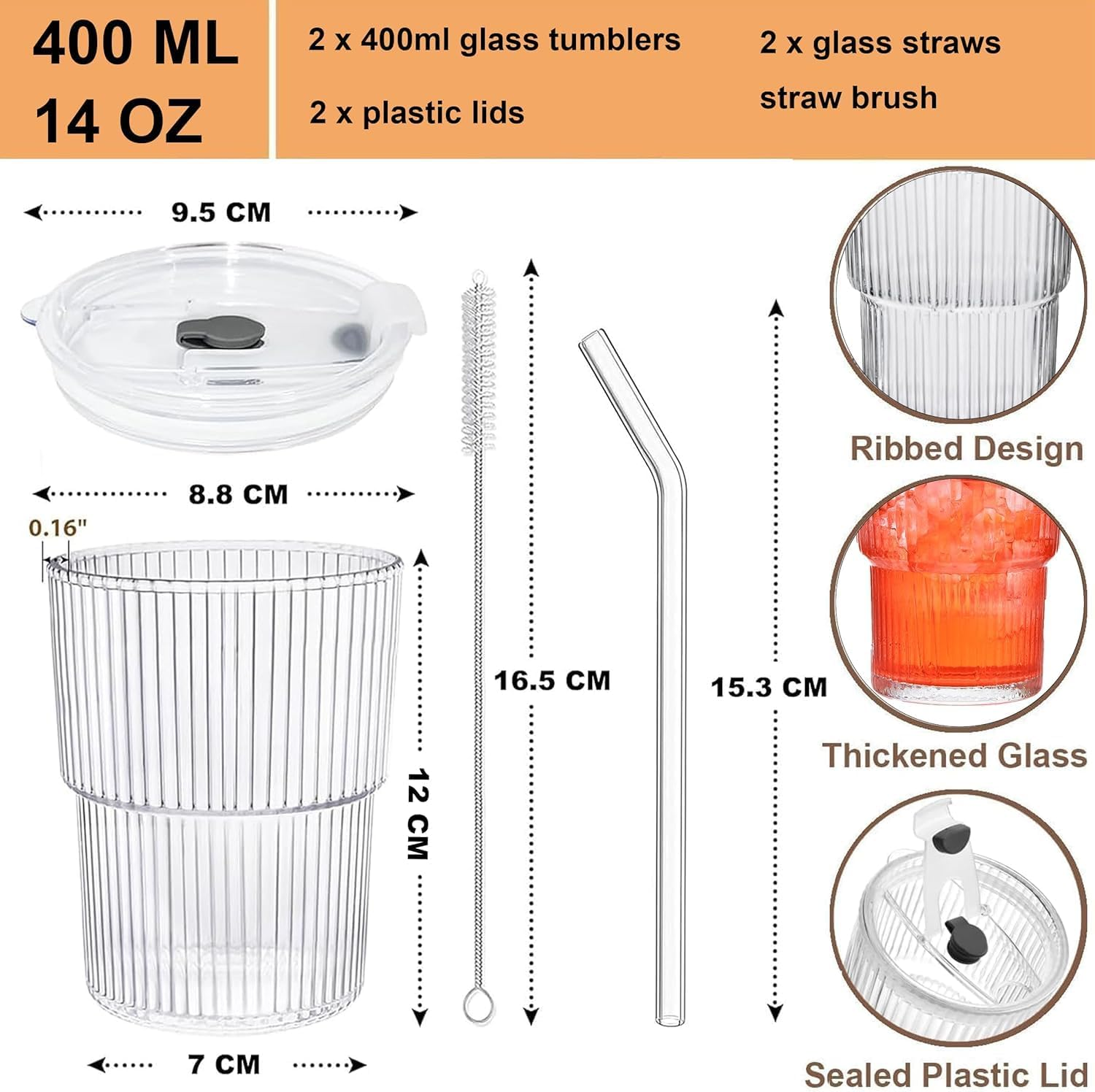 14Oz Glass Tumblers with Lids and Straws, Set of 2 - Stylish Ribbed Design Drinking Glasses for Iced Coffee Cups, Juice, Smoothies, Cold Beverages, Includes Cleaning Brush, Durable Glassware image number 5