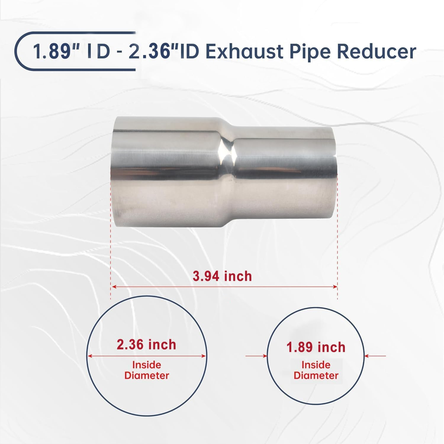 ID 1.89 Inch to Ld 2.36 Inch Universal Exhaust Pipe to Component Pipe Adapter Reducer 1.89'' ID to 2.36'' ID Polished Stainless Steel 4 Inch Overall Length image number 3