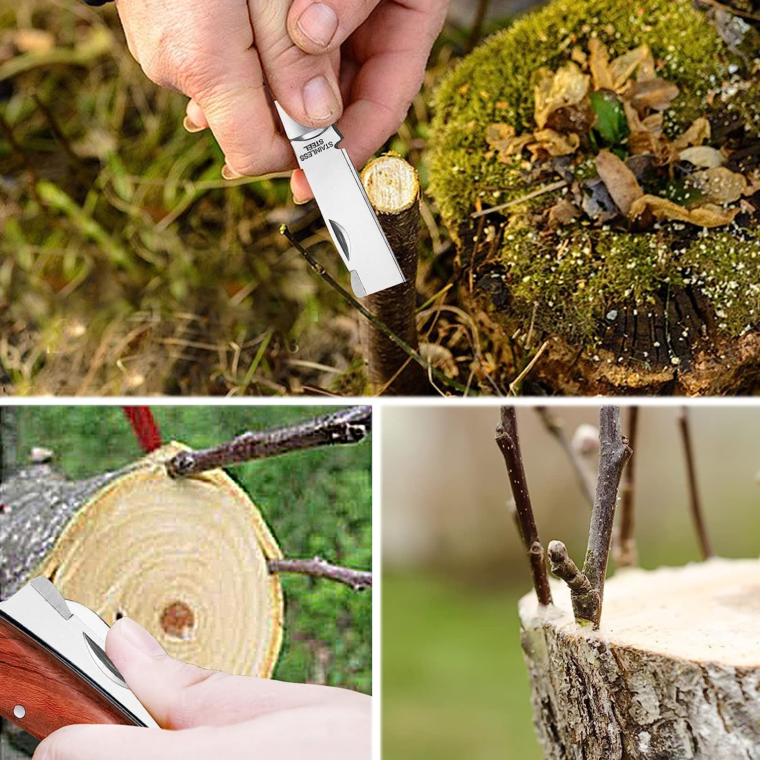 Garden Grafting Knife,Stainless Steel Double Blades Rosewood Handle Pruning Knife,3 Grafting Tape Buddy Tape for Fruit Trees,Gardening Grafting Tool image number 4