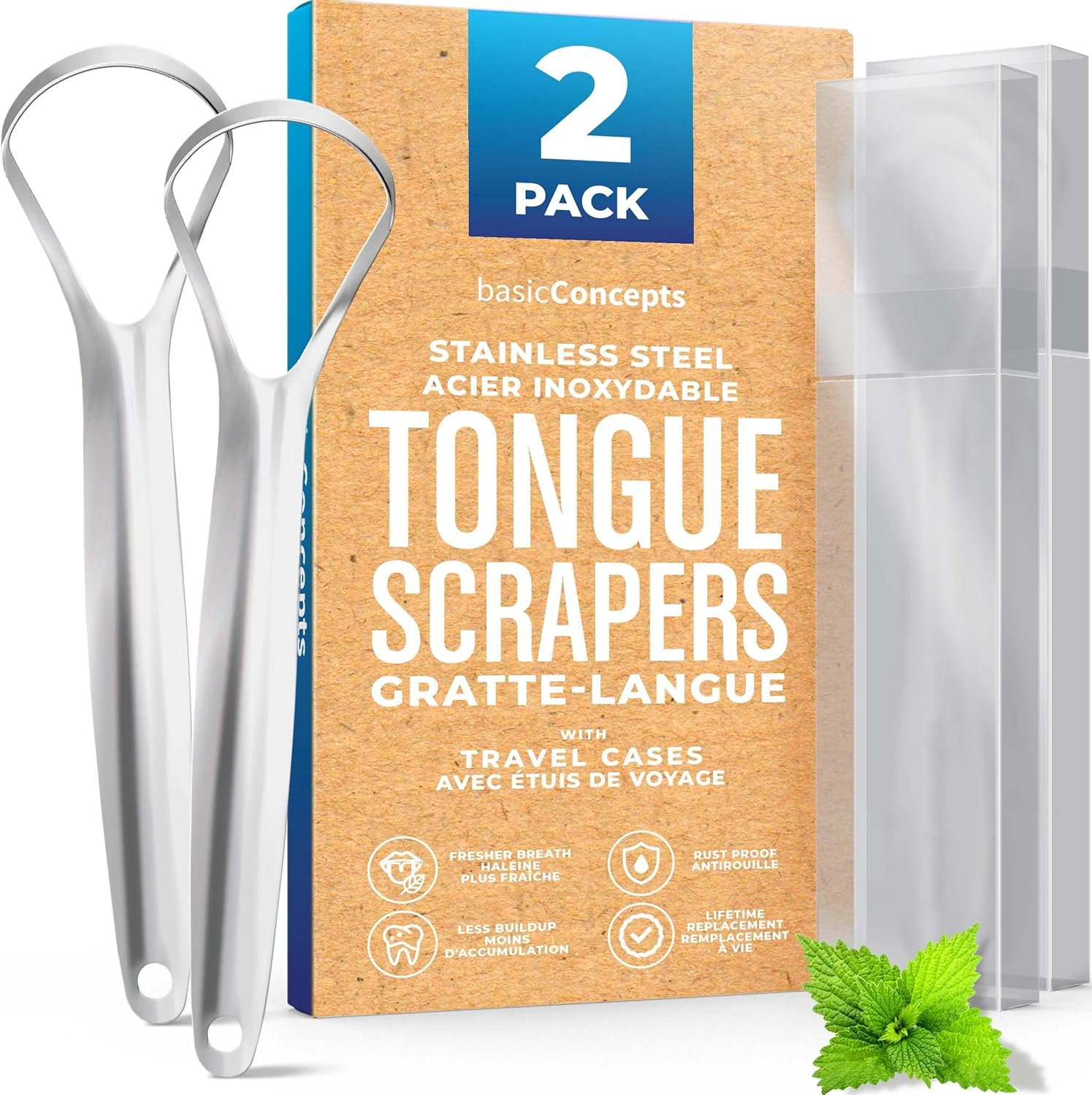 Tongue Scraper (2-Pack), Cure Bad Breath (Medical Grade), Stainless Steel Tongue Cleaners, 100% BPA Free Metal Tongue Scrapers for Fresher Breath in Seconds